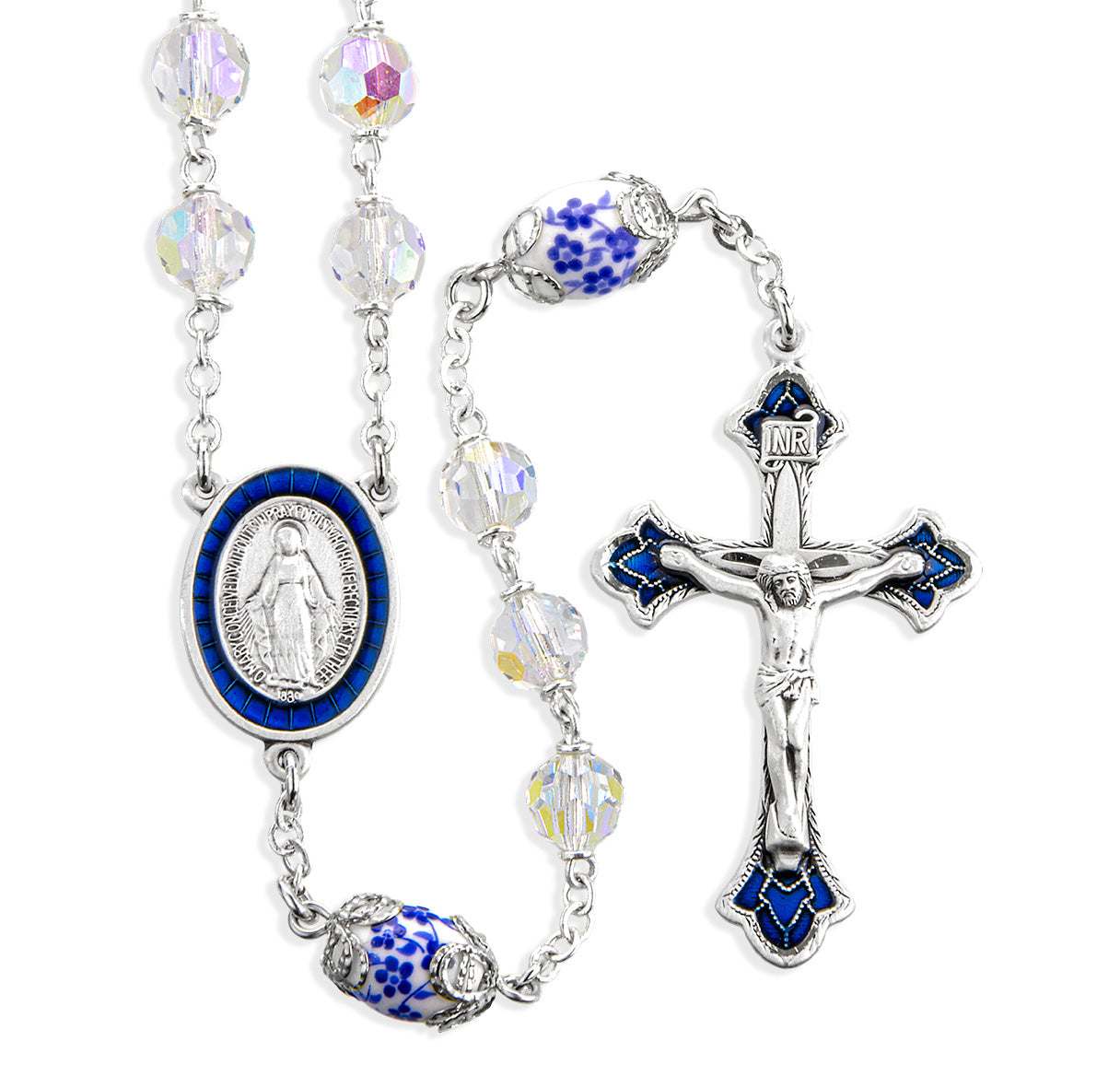 7mm Crystal Aurora Rosary W/ Porcelain Capped O.F. Beads and Sterling Silver Crucifix & Center-(SB17BL/S117BL)-Bxd
