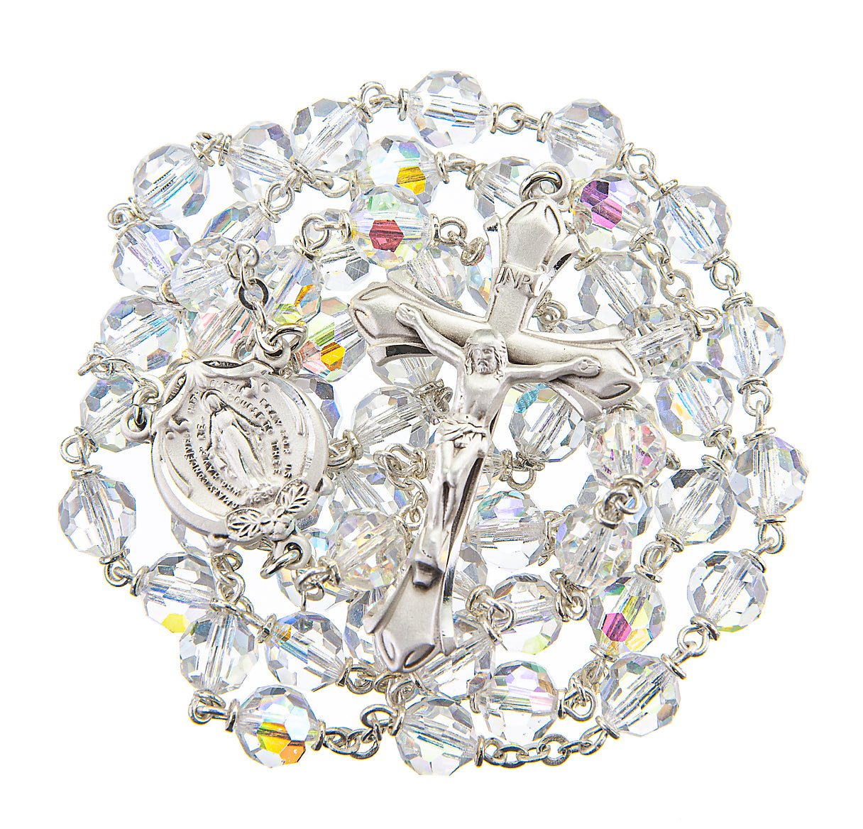 7mm Aurora Crystal Rosary W/ White & Gold O.F. & Sterling Silver Ctr & Cfx-(368/186)-Bxd