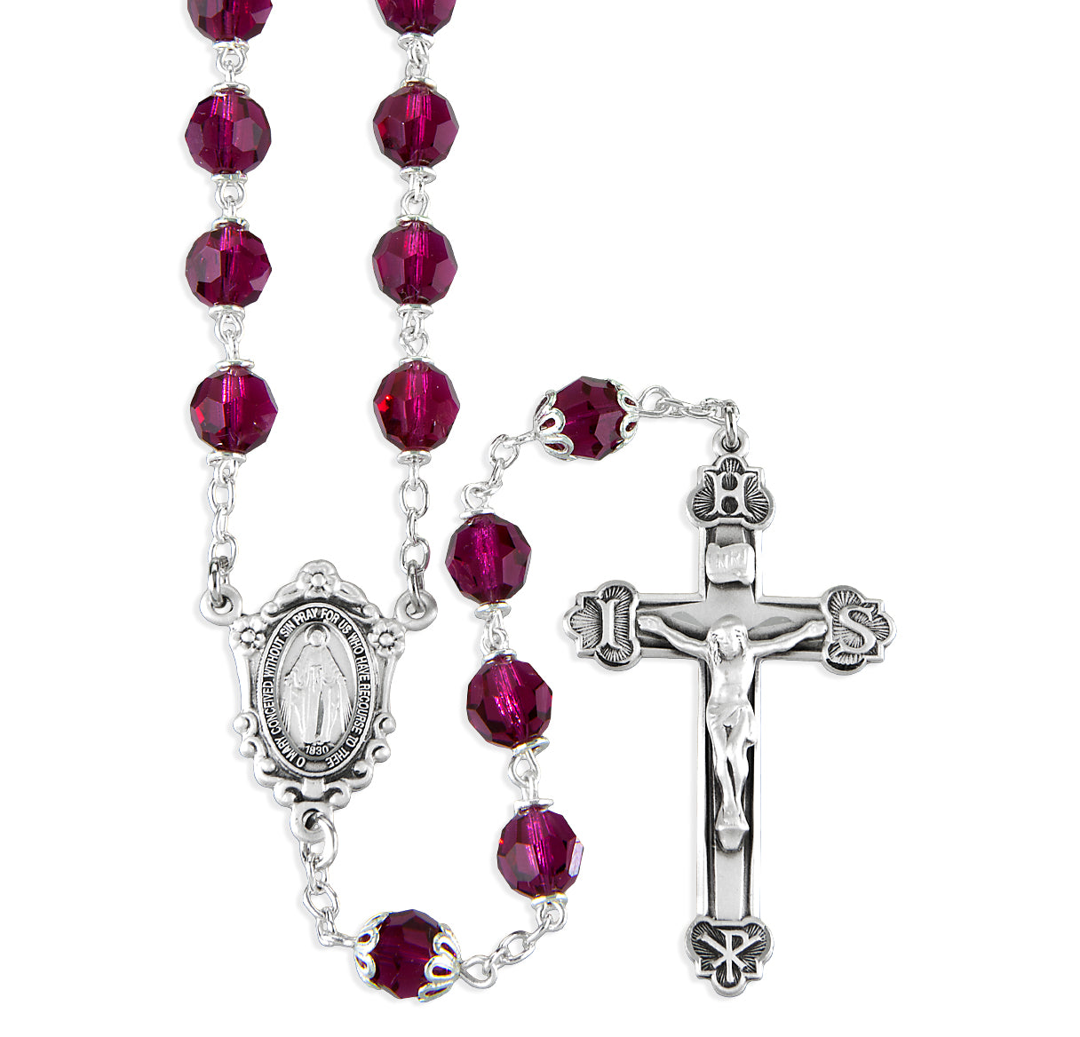 7mm Fushia Aurora Round Faceted Czech Crystal Rosary W Sterling Silver Ctr & Cfx-(80/151)-Bxd