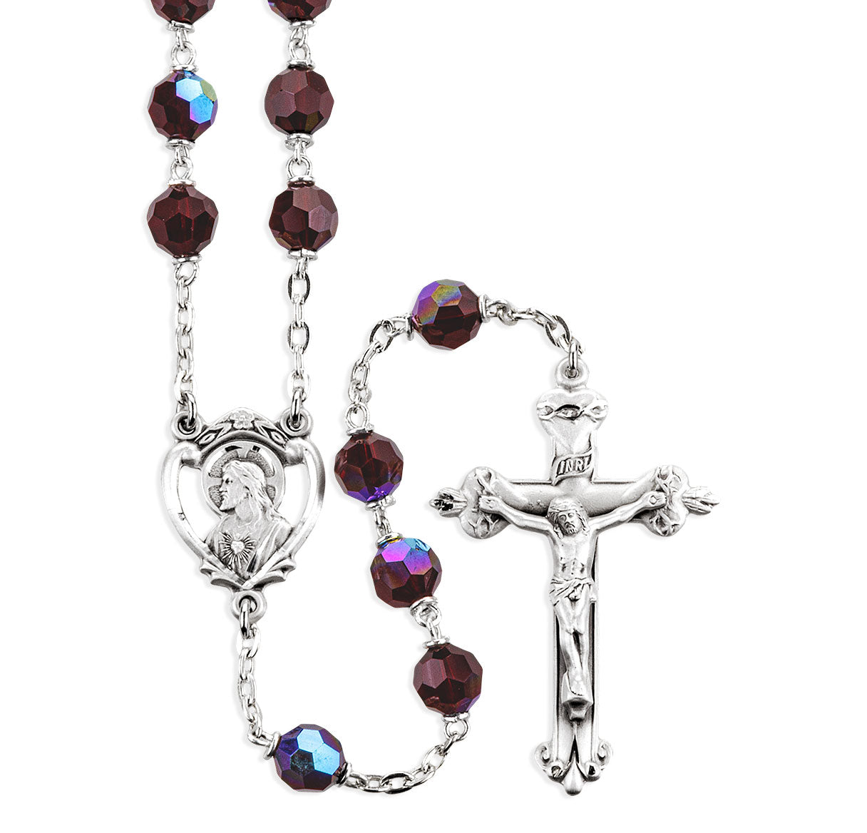 7mm Garnet  Aurora Round Faceted Czech Crystal Rosary W Sterling Silver Ctr & Cfx-(52/120)-Bxd
