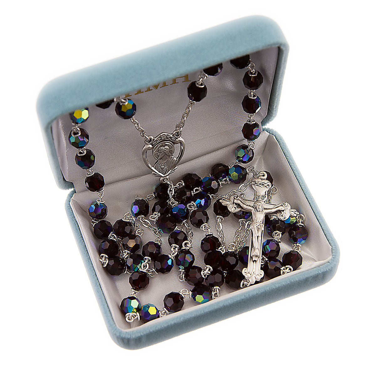 7mm Garnet  Aurora Round Faceted Czech Crystal Rosary W Sterling Silver Ctr & Cfx-(52/120)-Bxd