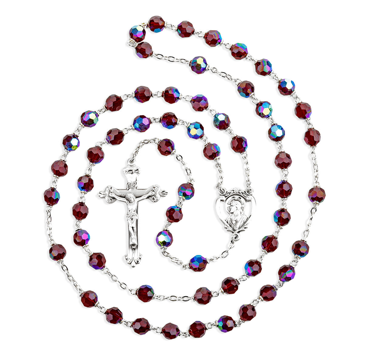 7mm Garnet  Aurora Round Faceted Czech Crystal Rosary W Sterling Silver Ctr & Cfx-(52/120)-Bxd