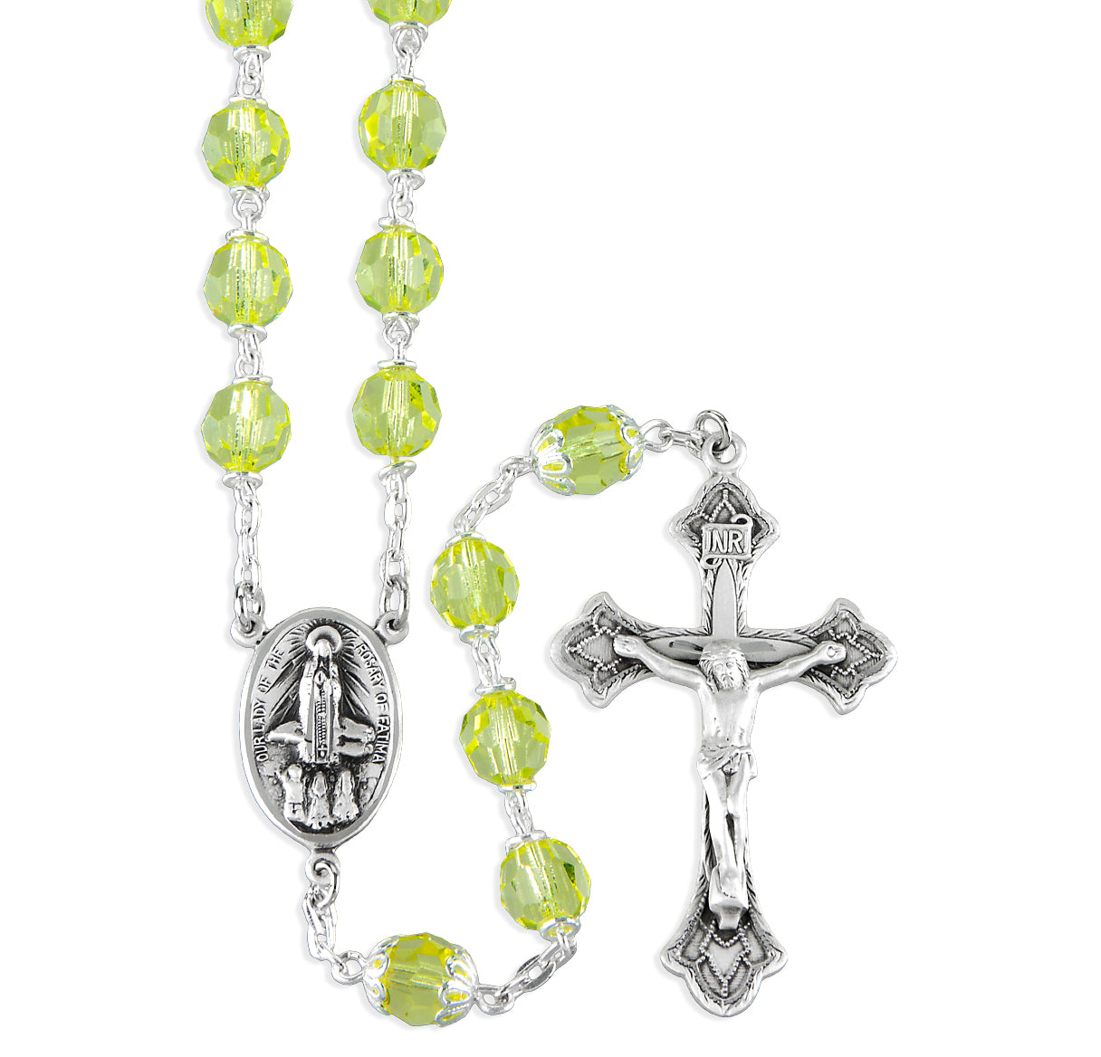 7mm Jonquil Aurora Round Faceted Czech Crystal Rosary W Sterling Silver Ctr & Cfx-(354/117)-Bxd