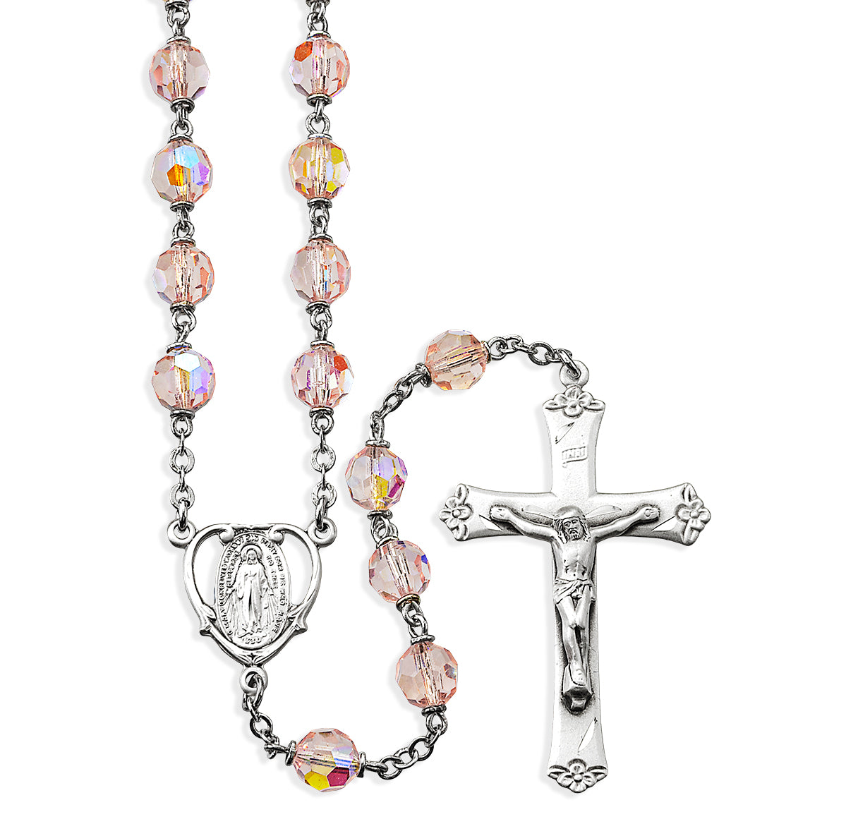 7mm Light Rose Rosary w/Sterling Silver Ctr & Cfx-(210/145)-Bxd