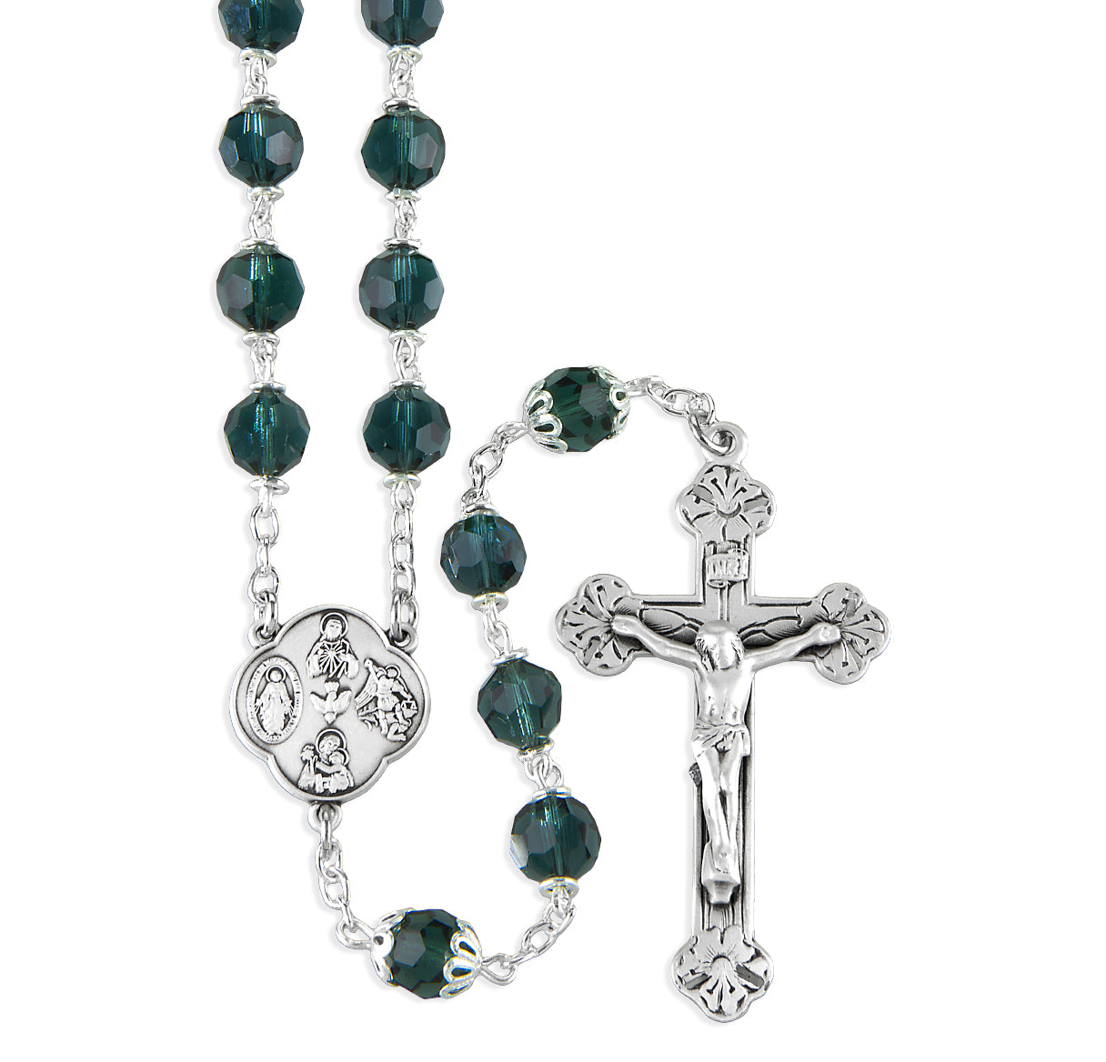 7mm Midnight Blue Aurora Round Faceted Czech Crystal Rosary W Sterling Silver Ctr & Cfx-(41/116)-Bxd