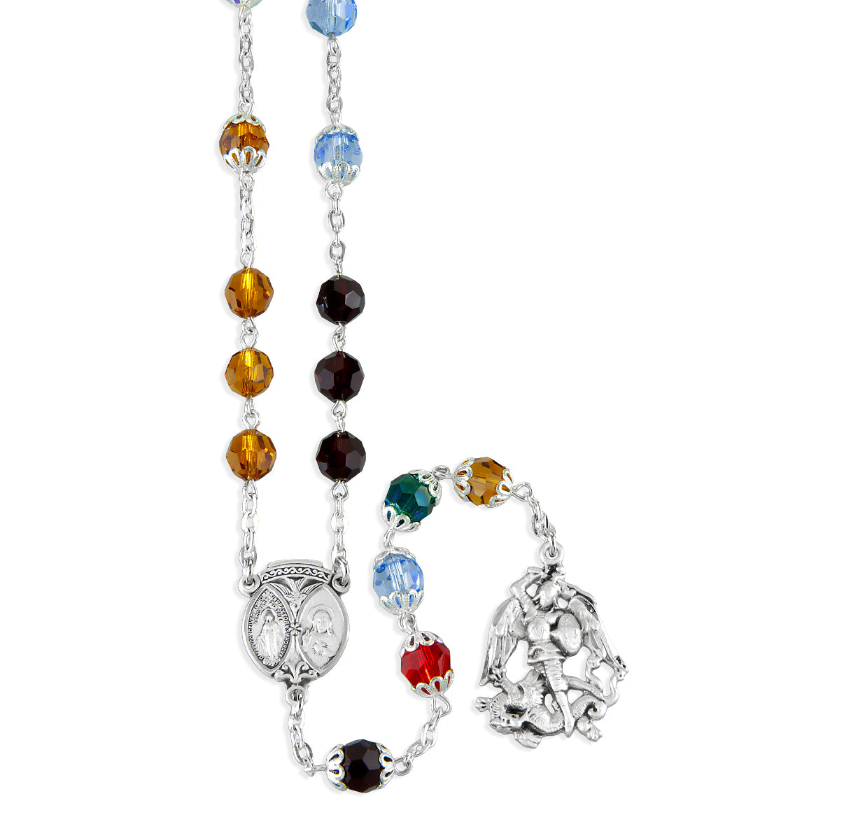 7mm Multi-Color Crystal Bead St. Michael Chaplet W/ Sterling Ctr & Medal-(33/1619)-Bxd