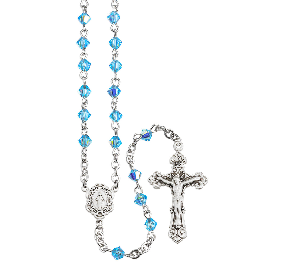 Rosary Sterling Crucifix and Centerpiece Created with Crystals by Swarovski® Austrian Crystal 4mm Faceted Tin Cut Bicone Beads in Aqua by HMH