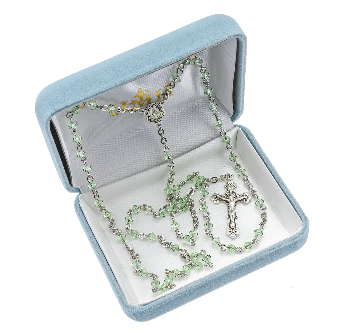4mm Finest Crysolite Rondell Rosary w/Sterling Silver Ctr & Cfx-(08/1891)-Bxd