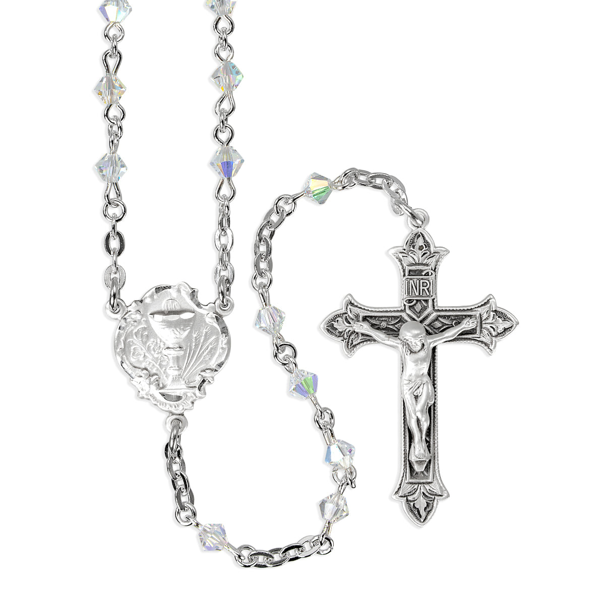 4mm Finest Crystal Rondell First Holy Communion Rosary W/Sterling  Ctr & Cfx-(04/3864)-Bxd