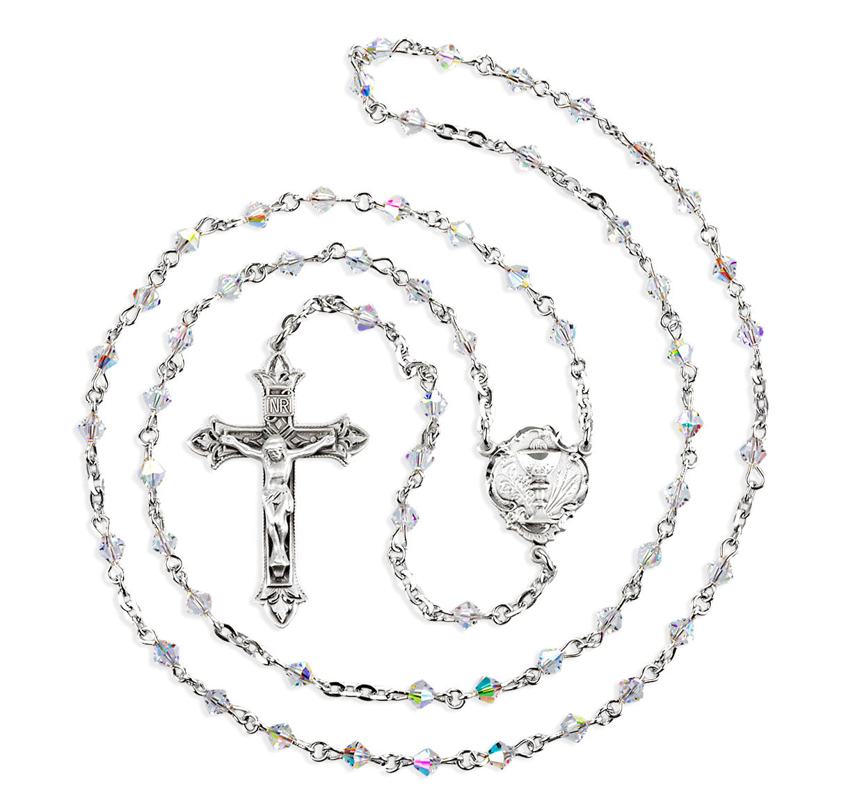 4mm Finest Crystal Rondell First Holy Communion Rosary W/Sterling  Ctr & Cfx-(04/3864)-Bxd