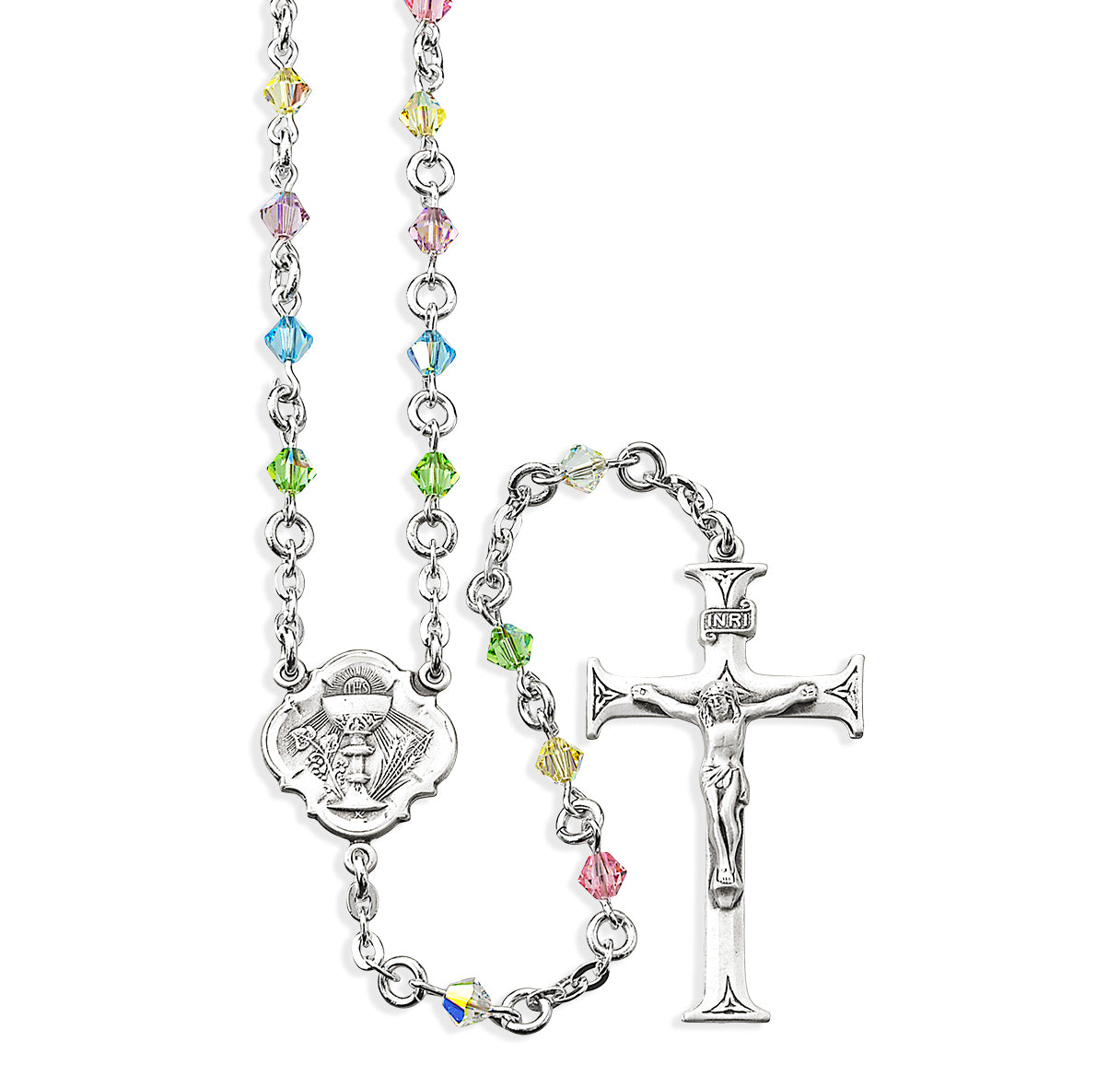 4mm Finest Multi Color Crystal Rondell First Holy Communion Rosary W/ Holy Communion Center & Cfx-(385/142)-Bxd
