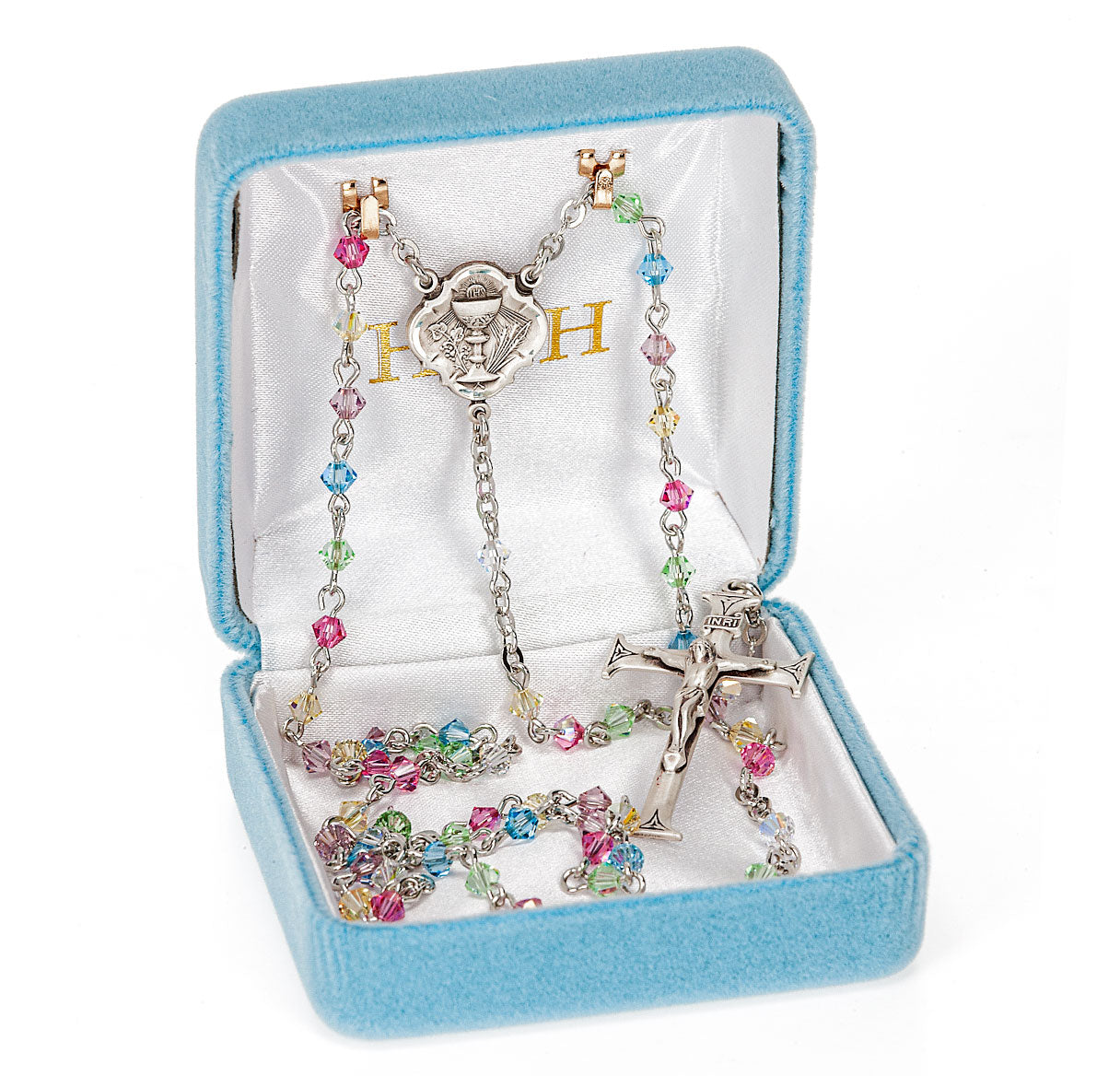 4mm Finest Multi Color Crystal Rondell First Holy Communion Rosary W/ Holy Communion Center & Cfx-(385/142)-Bxd