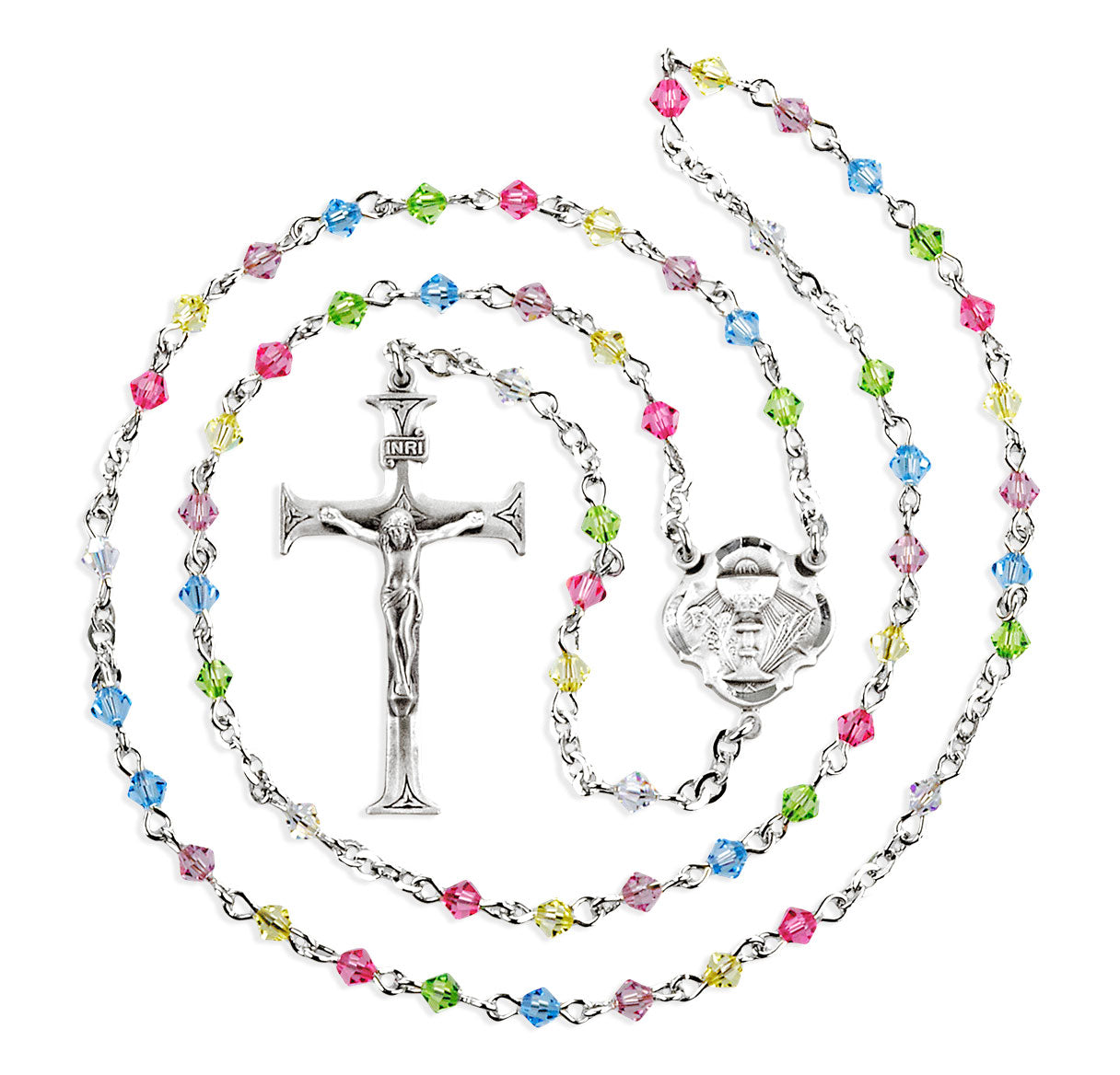 4mm Finest Multi Color Crystal Rondell First Holy Communion Rosary W/ Holy Communion Center & Cfx-(385/142)-Bxd