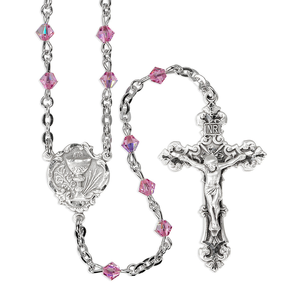 4mm Crystals by Swarovski® Pink Rondell First Holy Communion Rosary w/Sterling Ctr & Cfx-(04/153)-Bxd