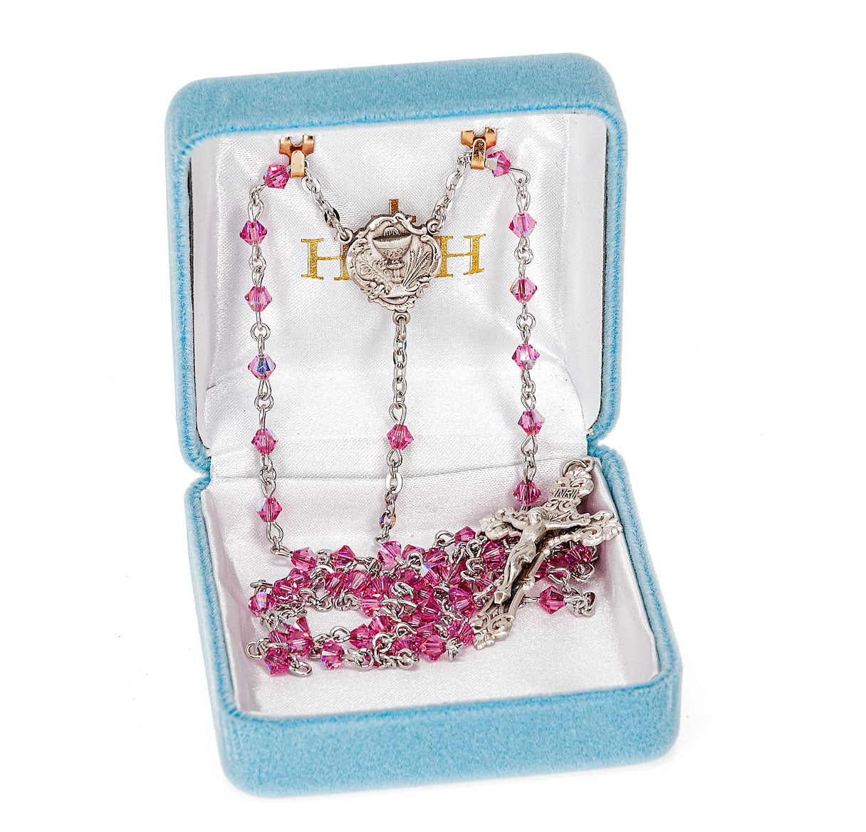 4mm Crystals by Swarovski® Pink Rondell First Holy Communion Rosary w/Sterling Ctr & Cfx-(04/153)-Bxd