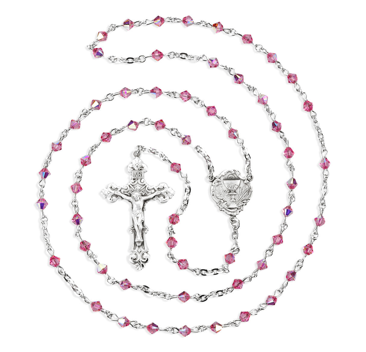 4mm Crystals by Swarovski® Pink Rondell First Holy Communion Rosary w/Sterling Ctr & Cfx-(04/153)-Bxd