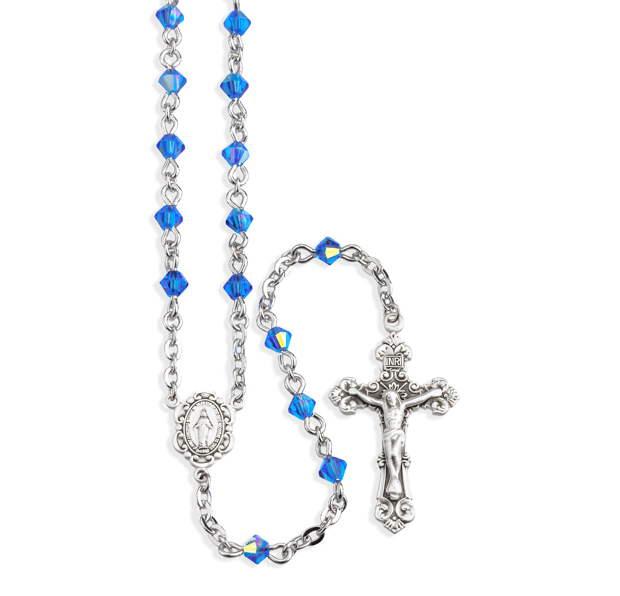 Rosary Sterling Crucifix and Centerpiece Created with Crystals by Swarovski® Austrian Crystal 4mm Faceted Tin Cut Bicone Beads in Sapphire by HMH