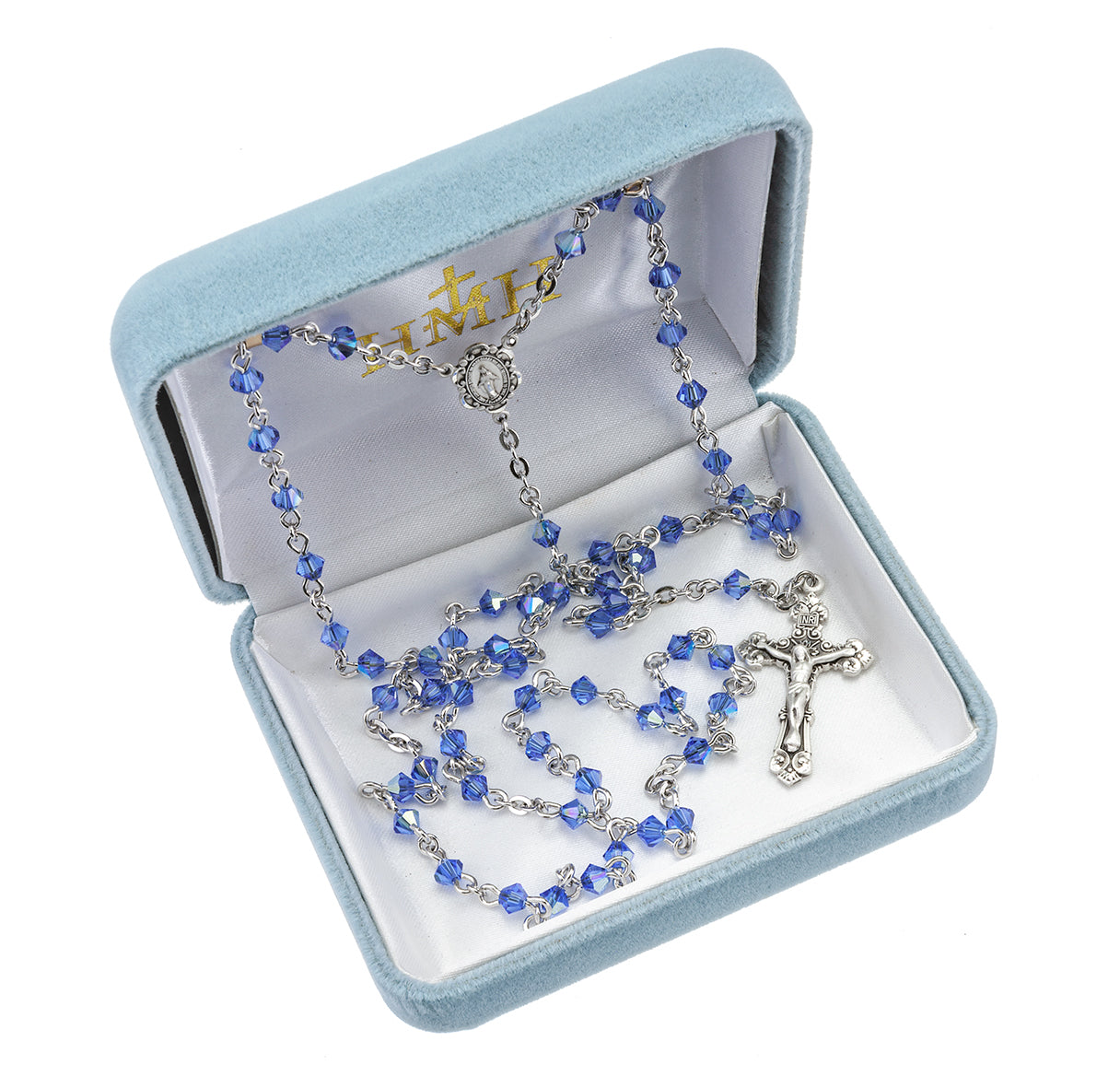 Rosary Sterling Crucifix and Centerpiece Created with Crystals by Swarovski® Austrian Crystal 4mm Faceted Tin Cut Bicone Beads in Sapphire by HMH