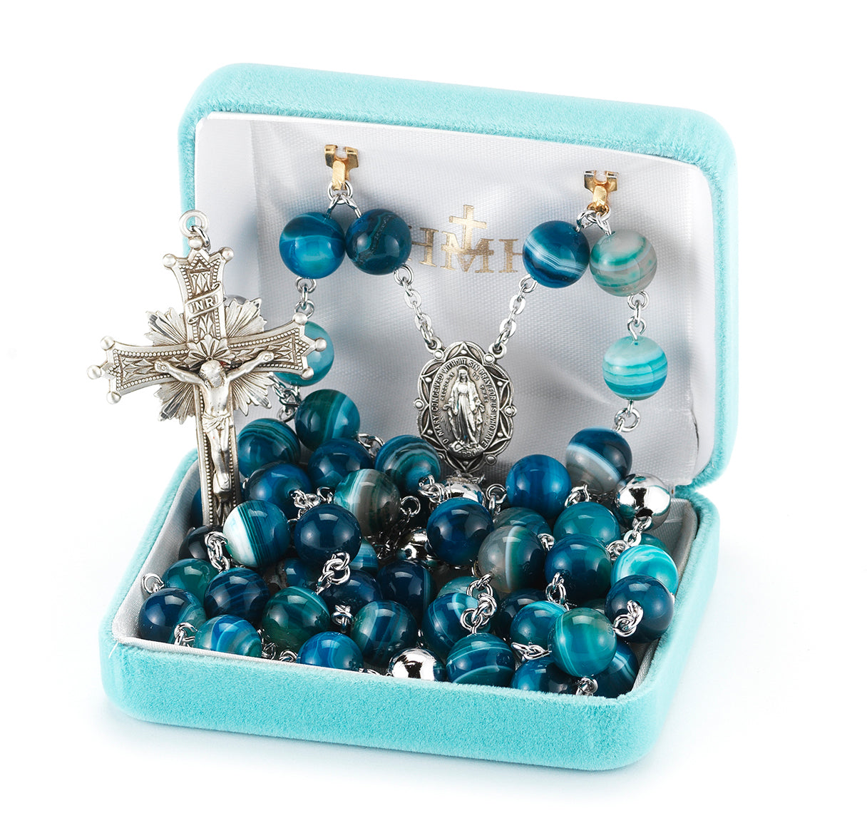 10mm Blue Agate Gemstone Rosary w/Sterling Ctr & Cfx-(95/180)-Bxd