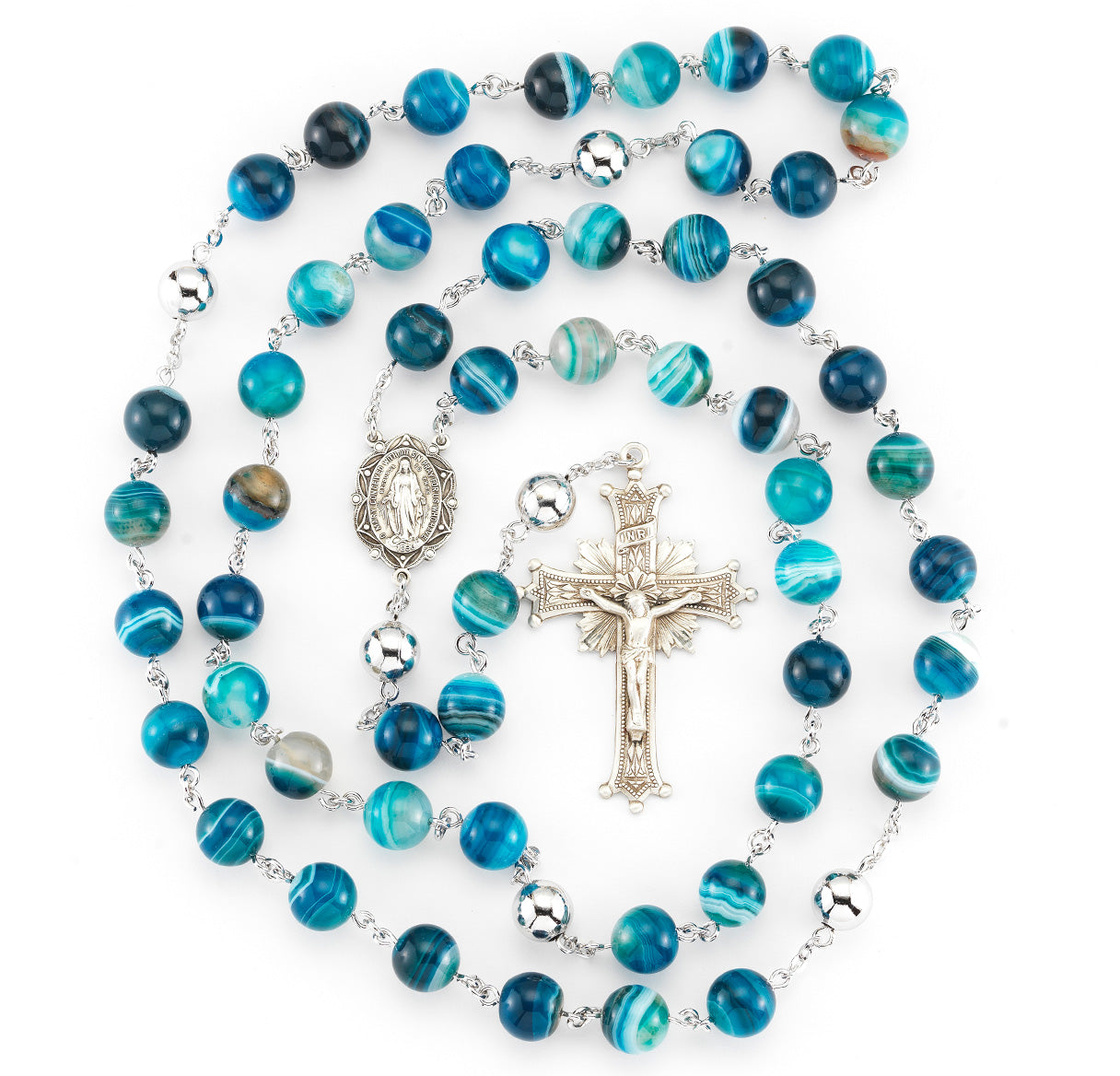 10mm Blue Agate Gemstone Rosary w/Sterling Ctr & Cfx-(95/180)-Bxd