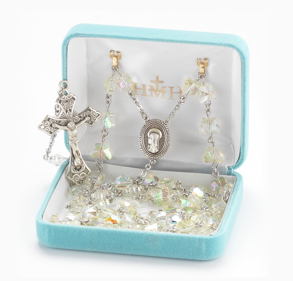 8mm Crystal Butterfly Rosary with Sterling Silver Ctr & Cfx-(368/125)-Boxed