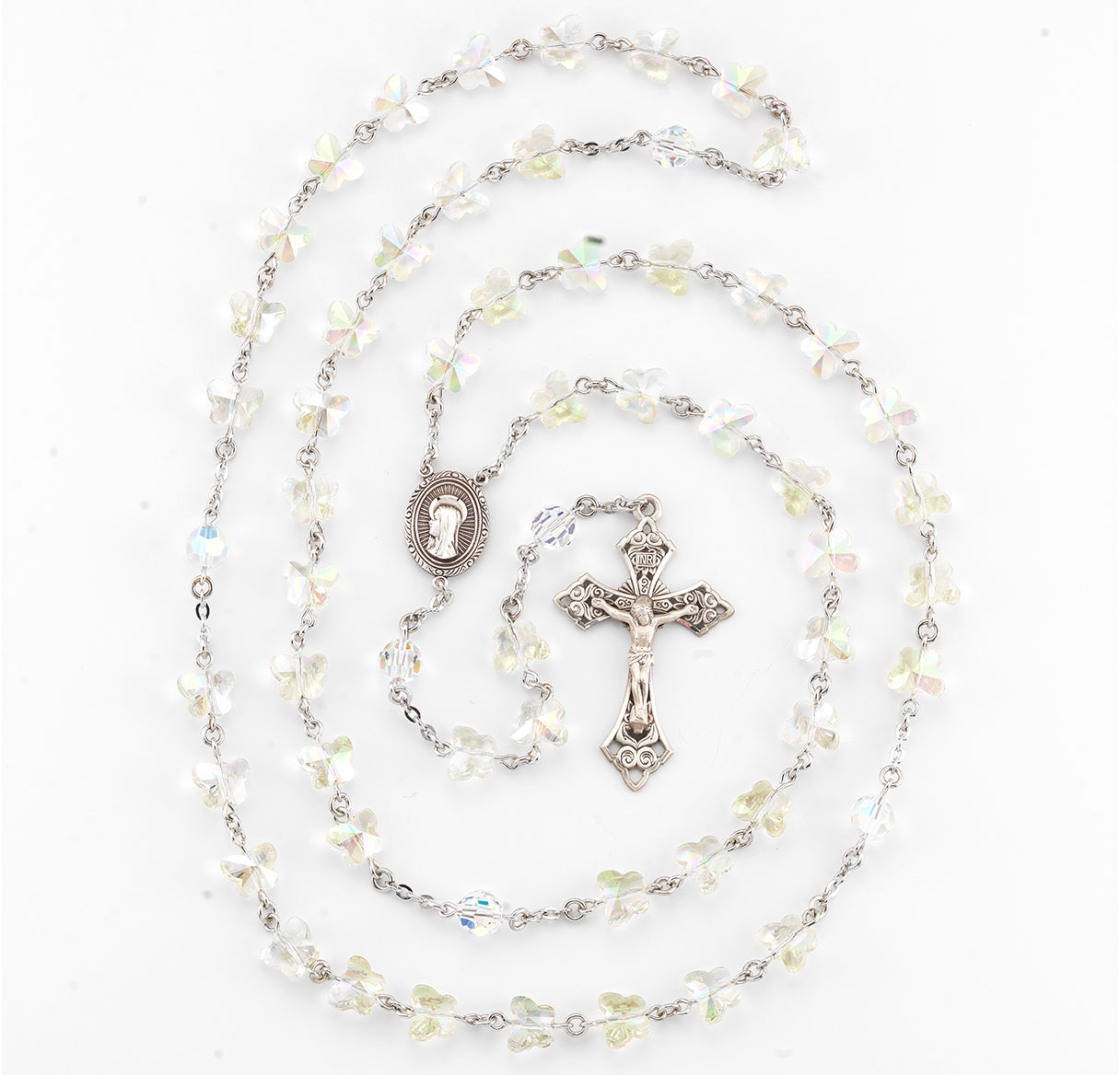 8mm Crystal Butterfly Rosary with Sterling Silver Ctr & Cfx-(368/125)-Boxed