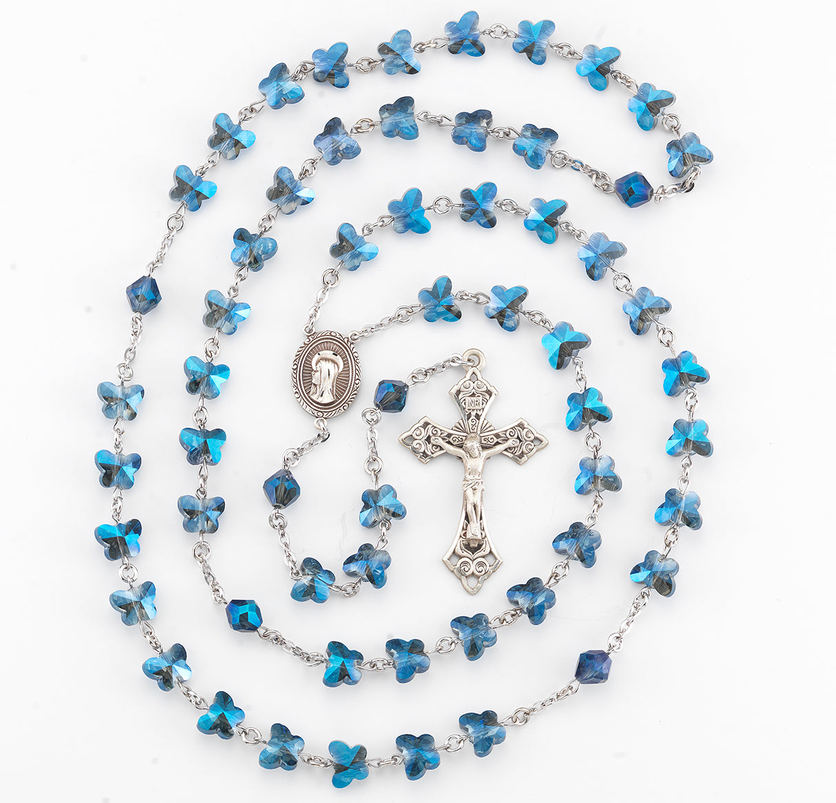 8mm Dark Blue Butterfly Rosary with Sterling Silver Ctr-Cfx-(368/125)-Bxd