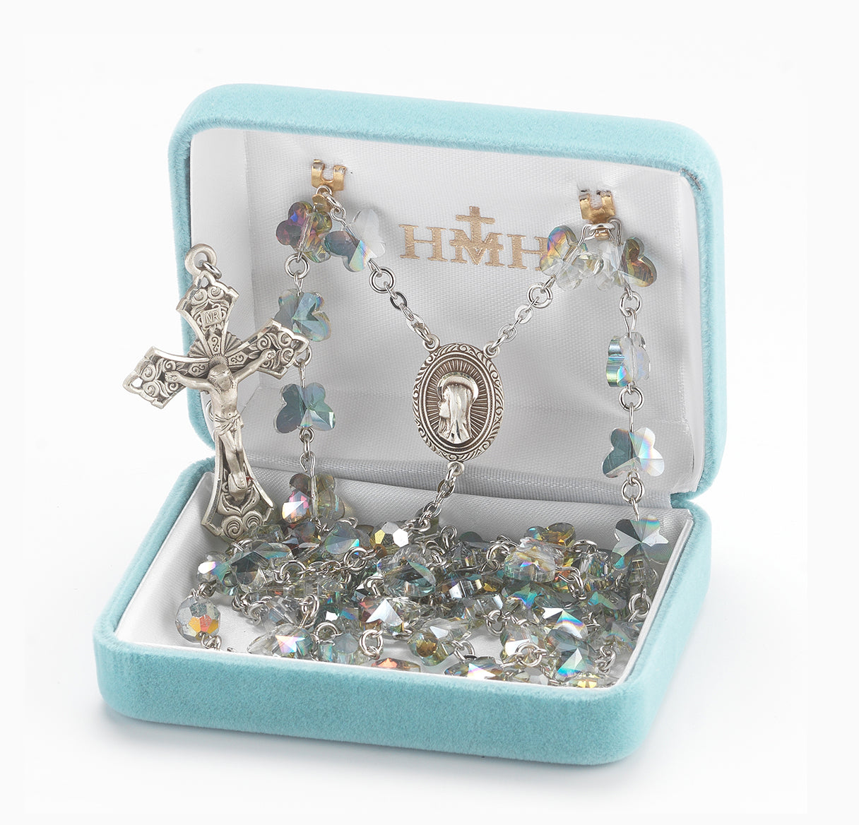8mm Vitreal Butterfly Rosary with Sterling Silver Ctr & Cfx-(368/125)-Boxed