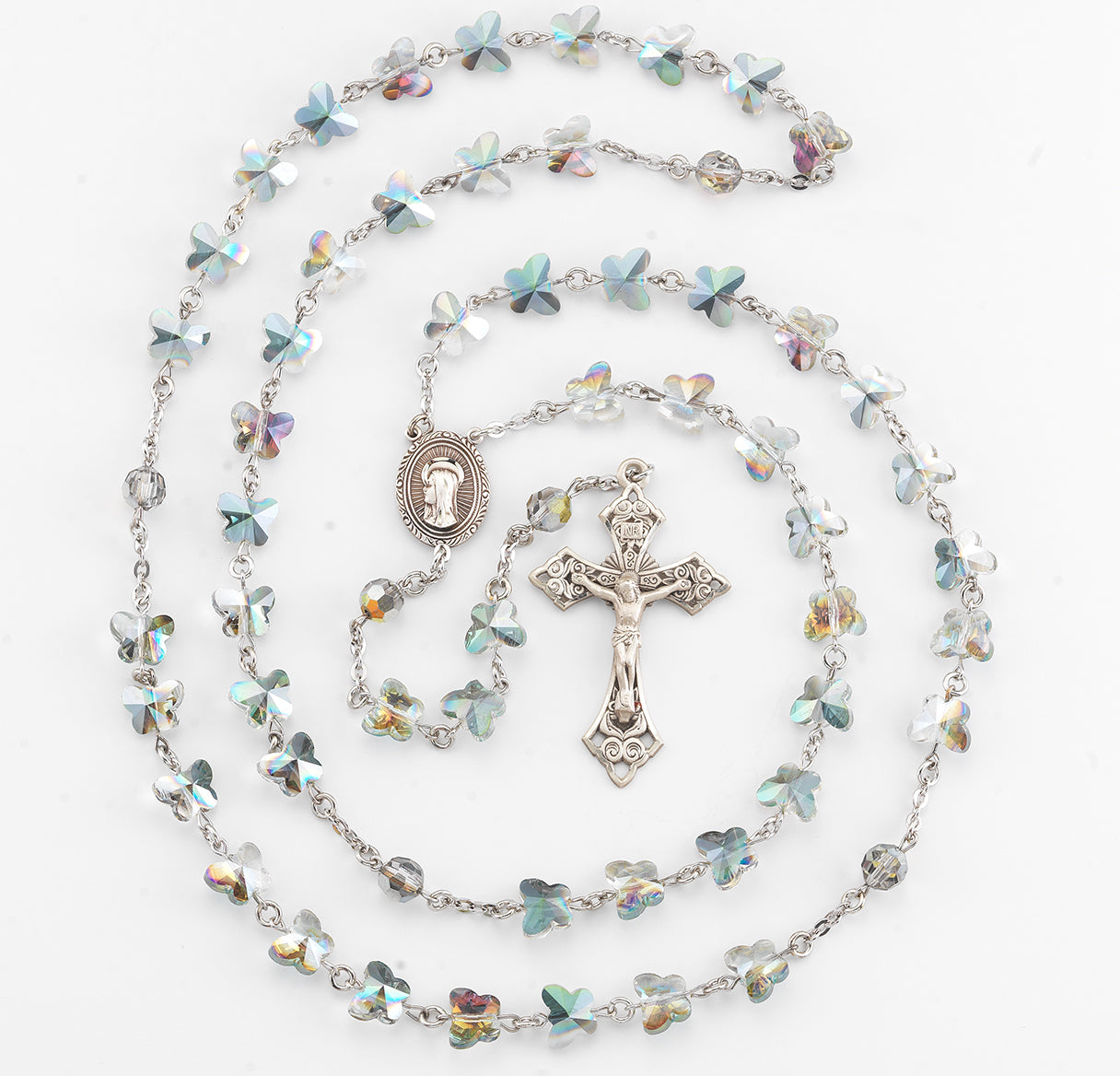 8mm Vitreal Butterfly Rosary with Sterling Silver Ctr & Cfx-(368/125)-Boxed