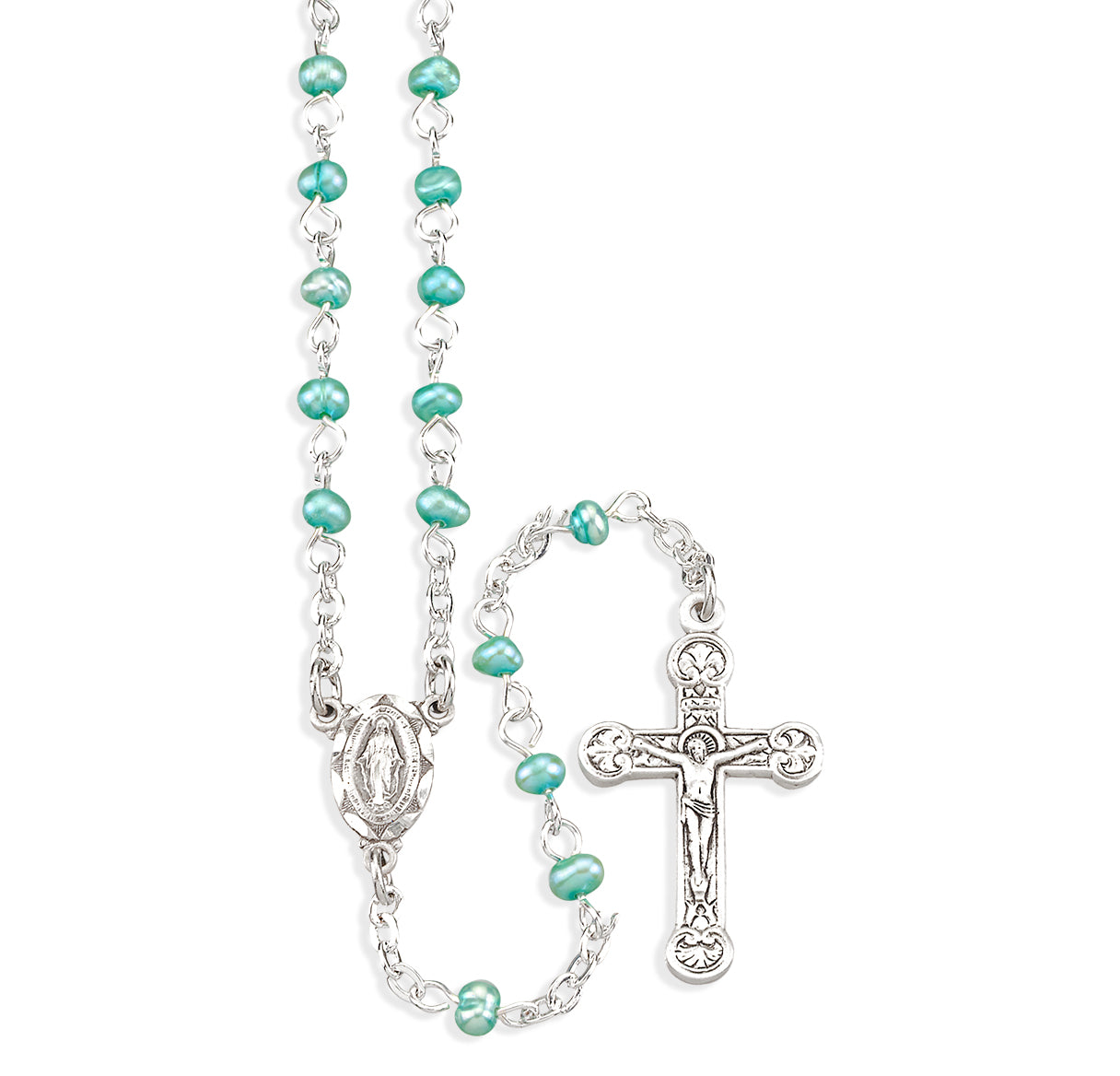 4mm Blue Freshwater Pearl Rosary w/Sterling Silver Ctr & Cfx(13/3843)-Bxd