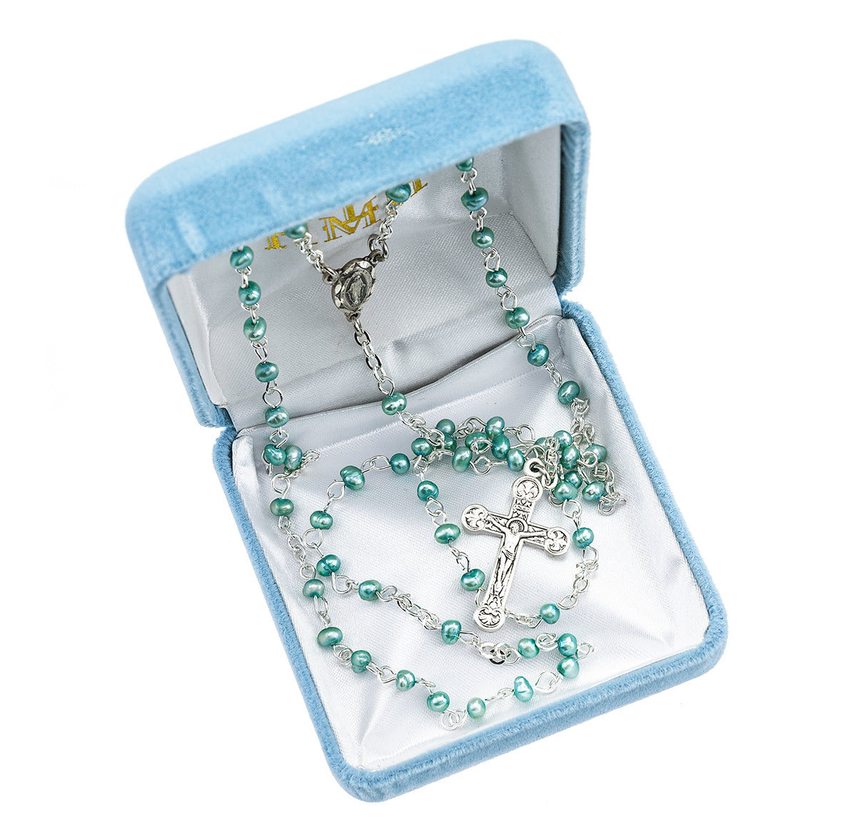 4mm Blue Freshwater Pearl Rosary w/Sterling Silver Ctr & Cfx(13/3843)-Bxd