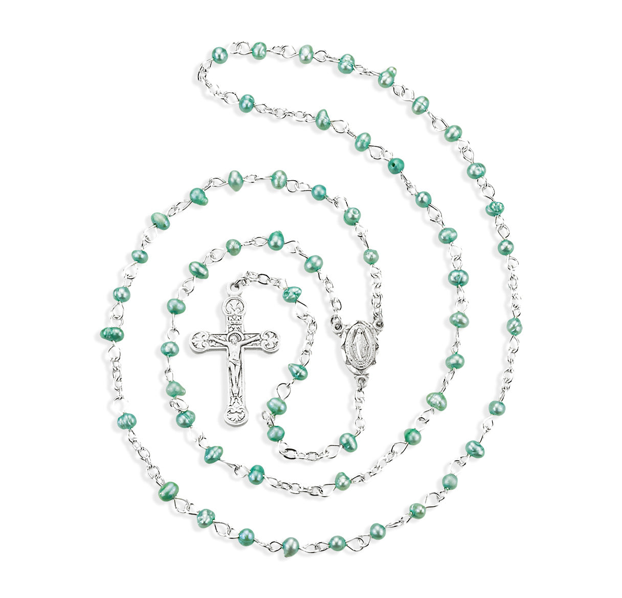 4mm Blue Freshwater Pearl Rosary w/Sterling Silver Ctr & Cfx(13/3843)-Bxd