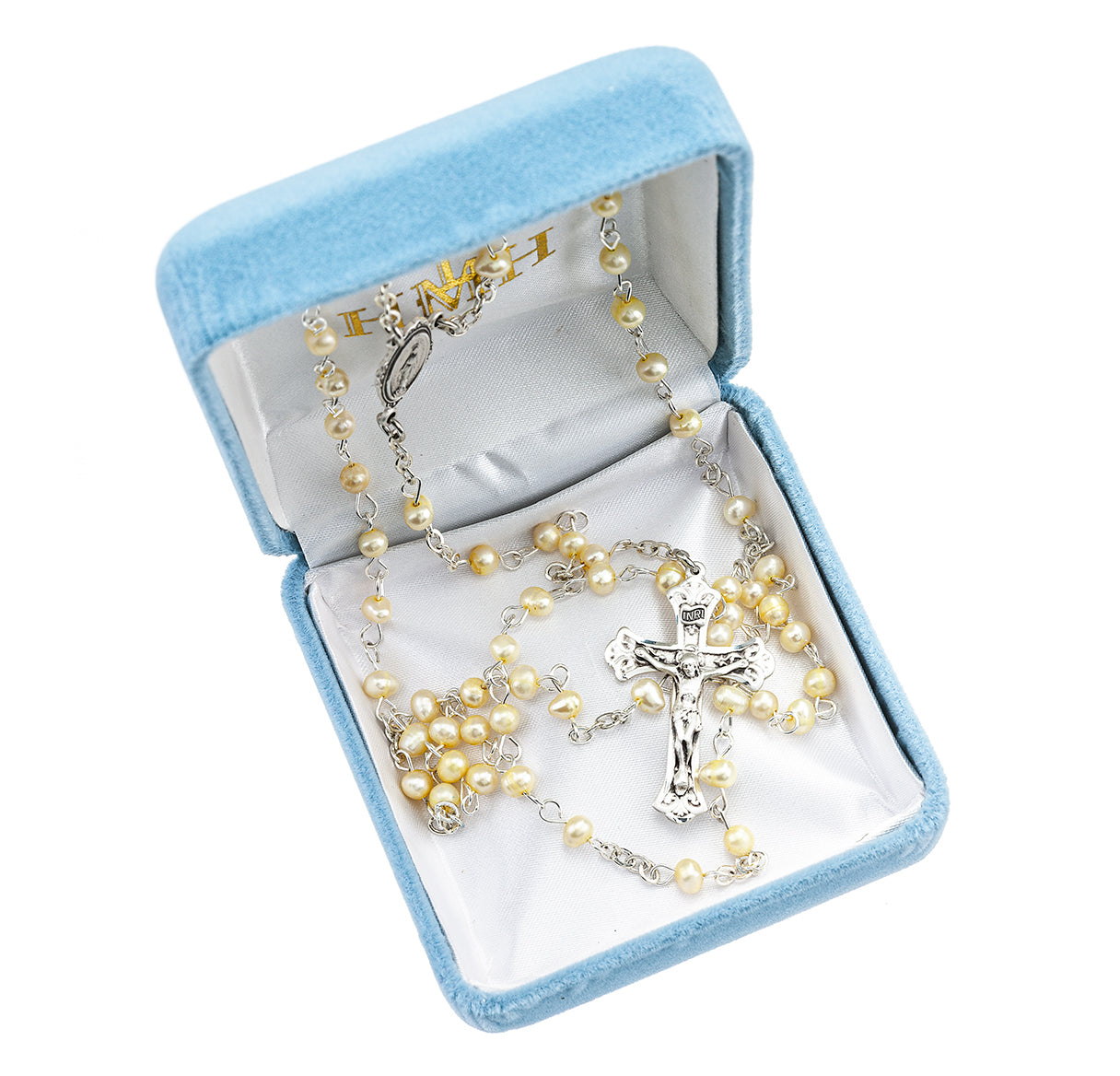 Gold Freshwater Pearl Rosary Sterling Crucifix and Centerpiece