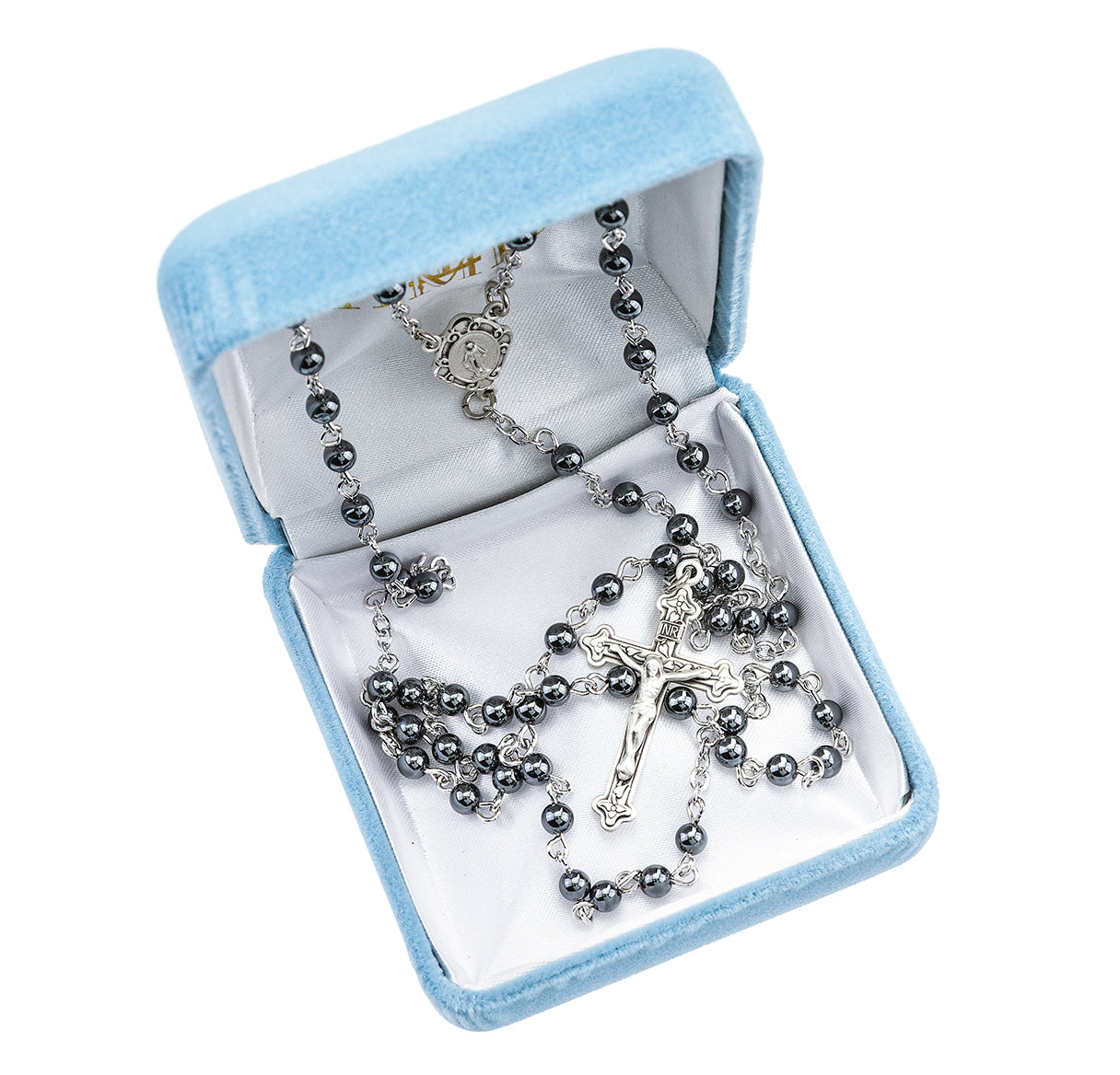 Genuine Hematite Rosary Sterling Crucifix and Centerpiece