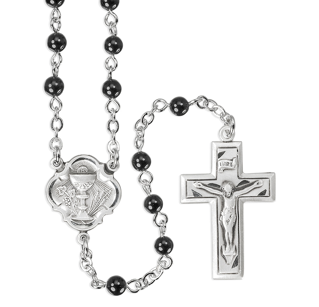 4mm Genuine Onyx First Holy Communion Rosary W/Sterling Ctr & Cfx-(385/1818)-Bxd