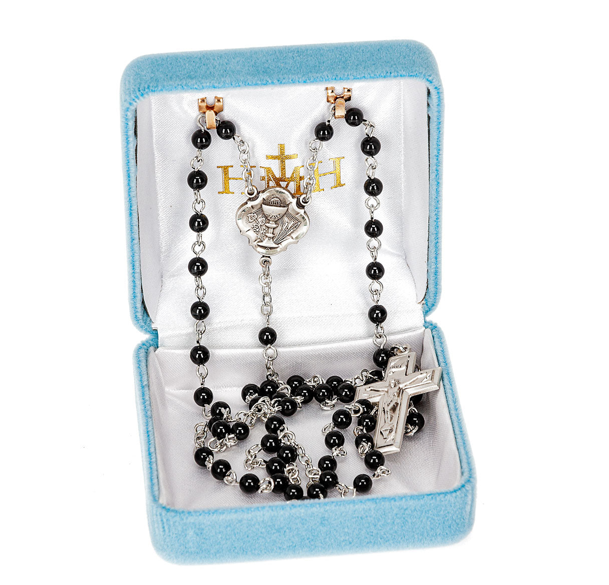 4mm Genuine Onyx First Holy Communion Rosary W/Sterling Ctr & Cfx-(385/1818)-Bxd