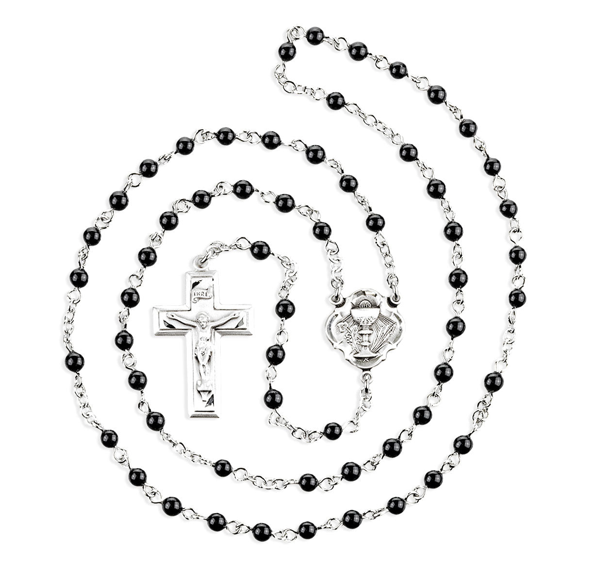 4mm Genuine Onyx First Holy Communion Rosary W/Sterling Ctr & Cfx-(385/1818)-Bxd