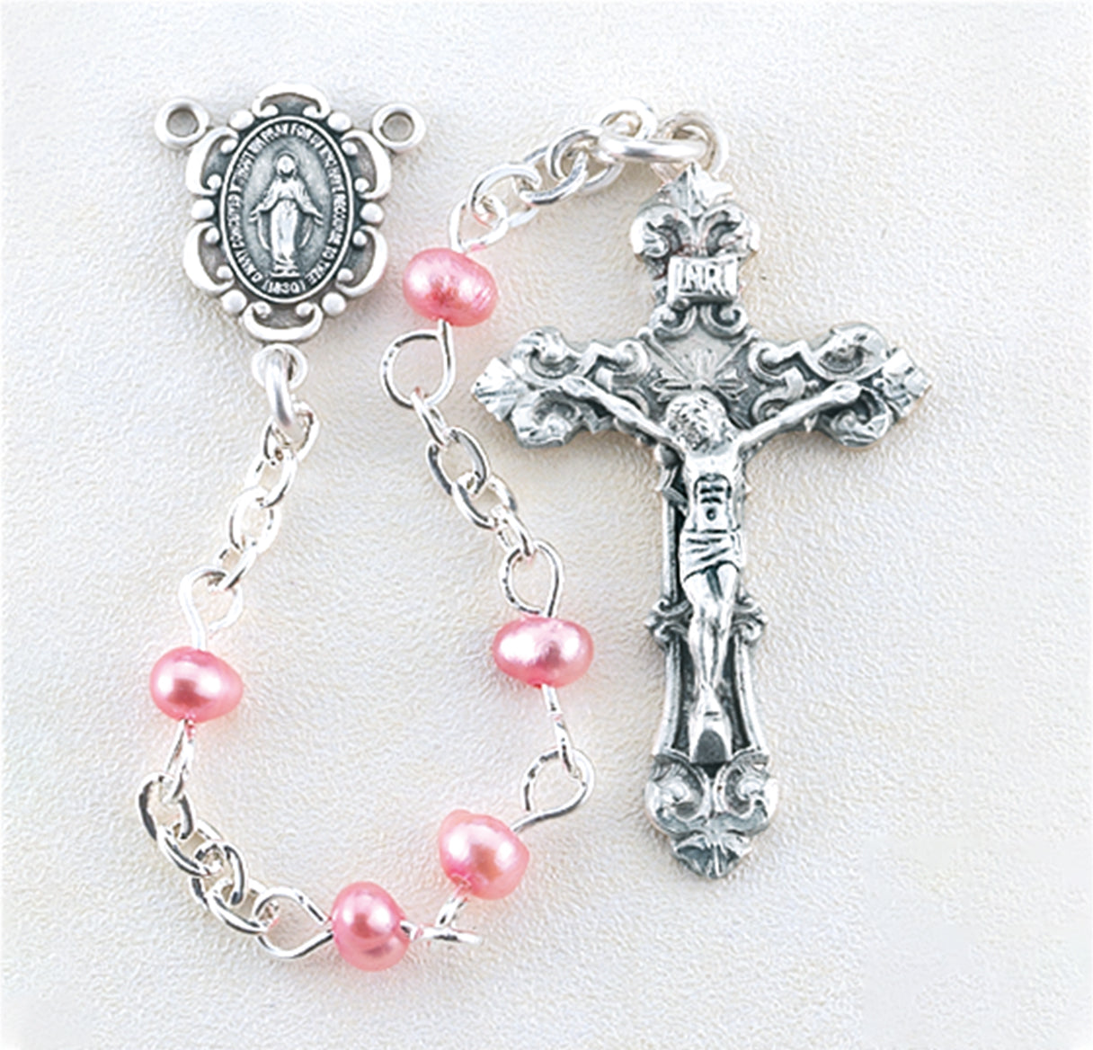 4mm Pink Freshwater Pearl Rosary w/Sterling Silver Ctr & Cfx-(08/1891)-Bxd