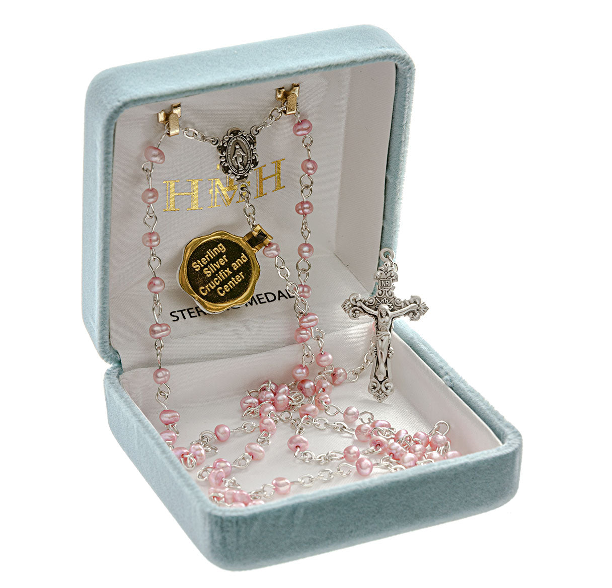 4mm Pink Freshwater Pearl Rosary w/Sterling Silver Ctr & Cfx-(08/1891)-Bxd