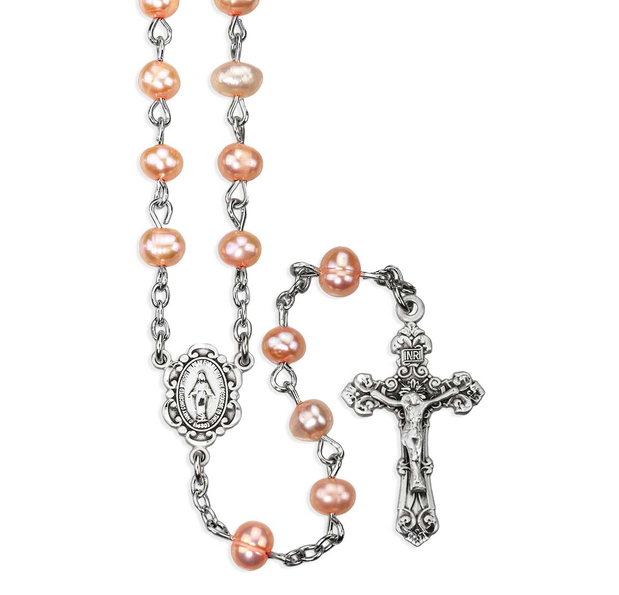 4mm Rose Fresh Water Pearl Rosary w/Sterling Silver Ctr & Crucifix