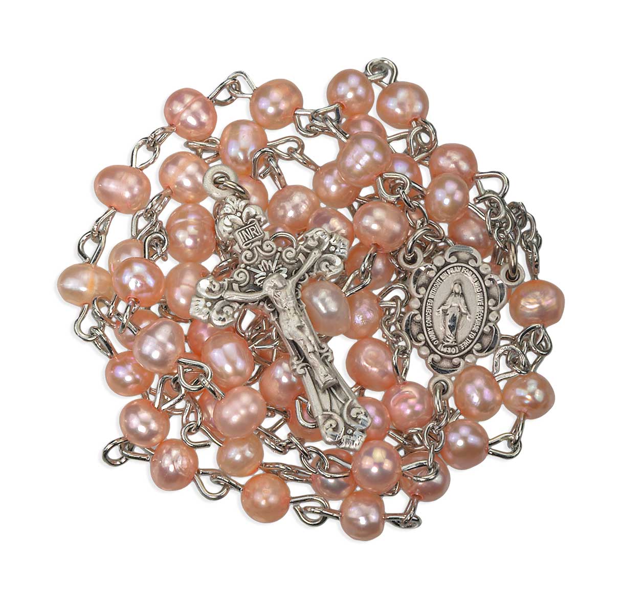 4mm Rose Fresh Water Pearl Rosary w/Sterling Silver Ctr & Crucifix