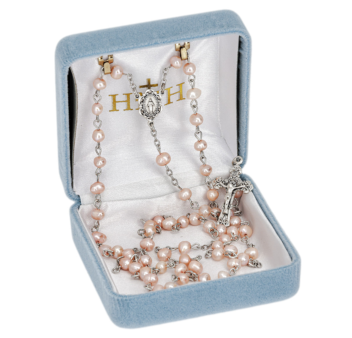 4mm Rose Fresh Water Pearl Rosary w/Sterling Silver Ctr & Crucifix