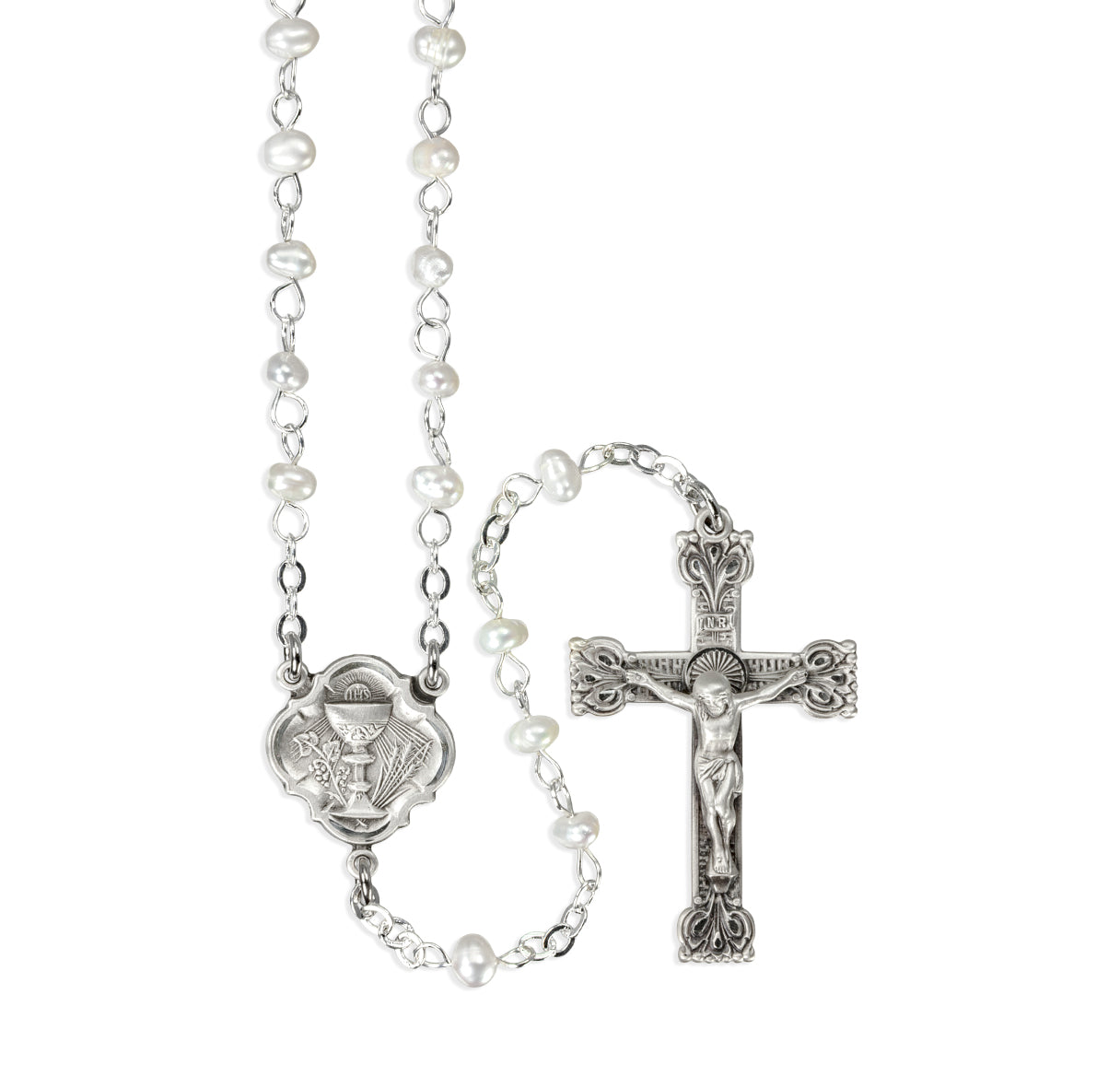 4mm White Freshwater Pearl First Communion Rosary W/ Sterling Ctr & Cfx-(385/132)-Bxd