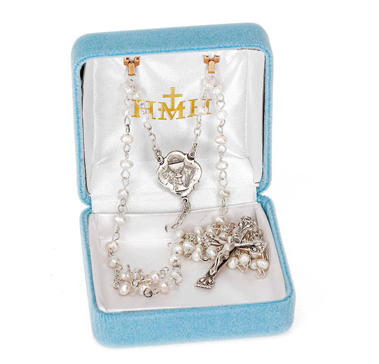4mm White Freshwater Pearl First Communion Rosary W/ Sterling Ctr & Cfx-(385/132)-Bxd