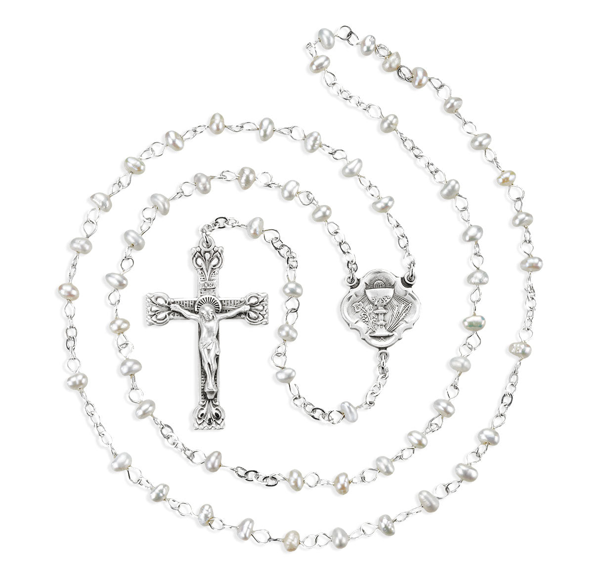 4mm White Freshwater Pearl First Communion Rosary W/ Sterling Ctr & Cfx-(385/132)-Bxd