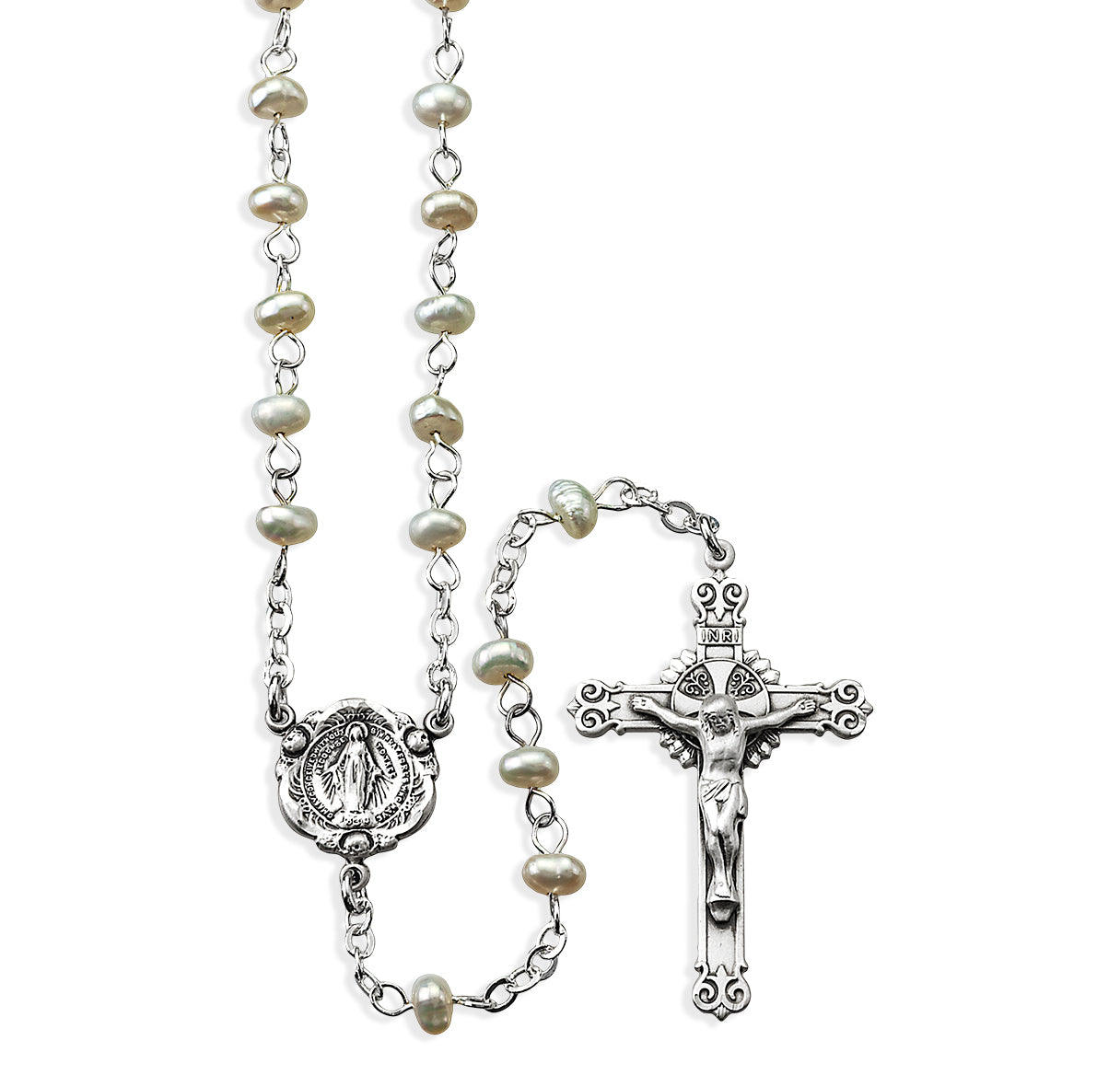 4mm White Freshwater Pearl Rosary w/Sterling Silver Ctr & Cfx-(208/3875)-Bxd