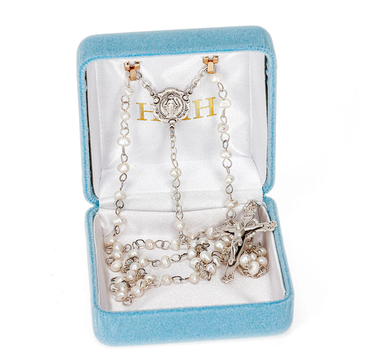 4mm White Freshwater Pearl Rosary w/Sterling Silver Ctr & Cfx-(208/3875)-Bxd