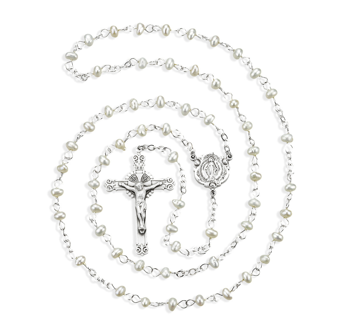 4mm White Freshwater Pearl Rosary w/Sterling Silver Ctr & Cfx-(208/3875)-Bxd