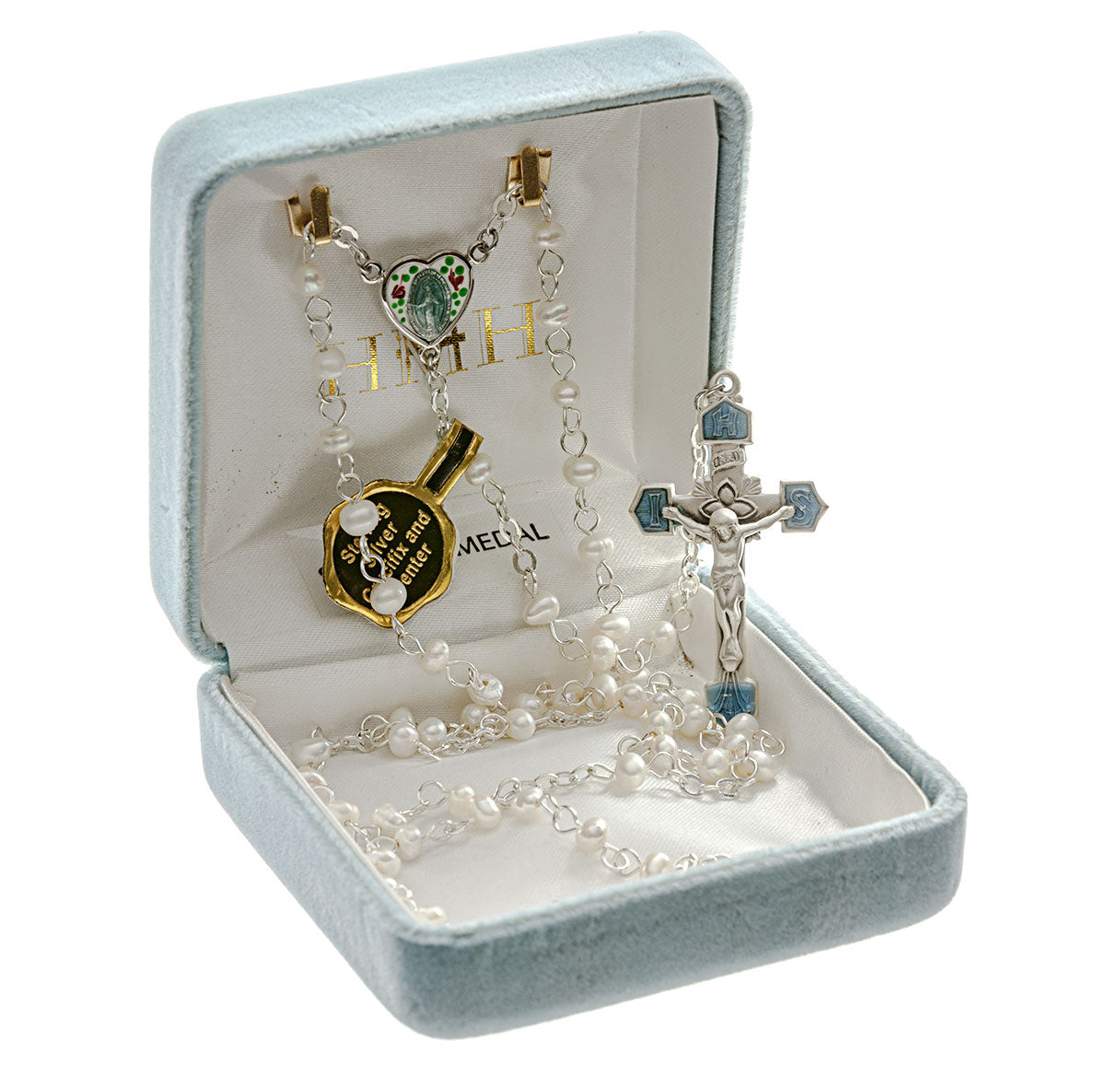 4mm Freshwater Pearl Rosary with Sterling Silver Flower Heart Epoxy Ctr & Cfx-(360/149E)-Bxd