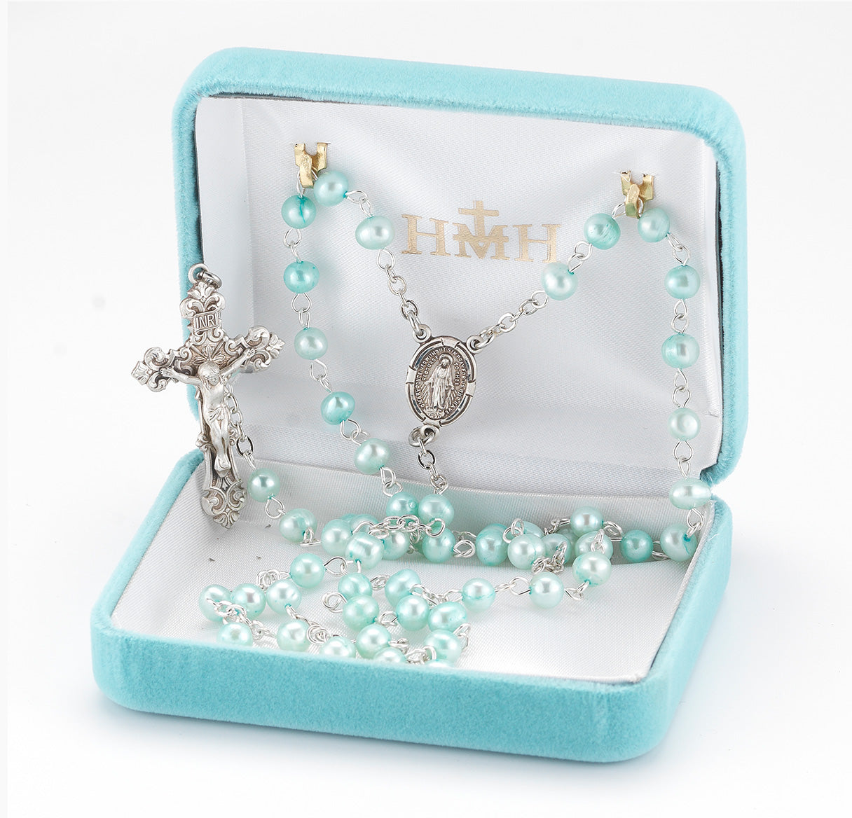 5mm Blue Freshwater Pearl Rosary w/Sterling Silver Ctr & Cfx-(62/153)-Bxd